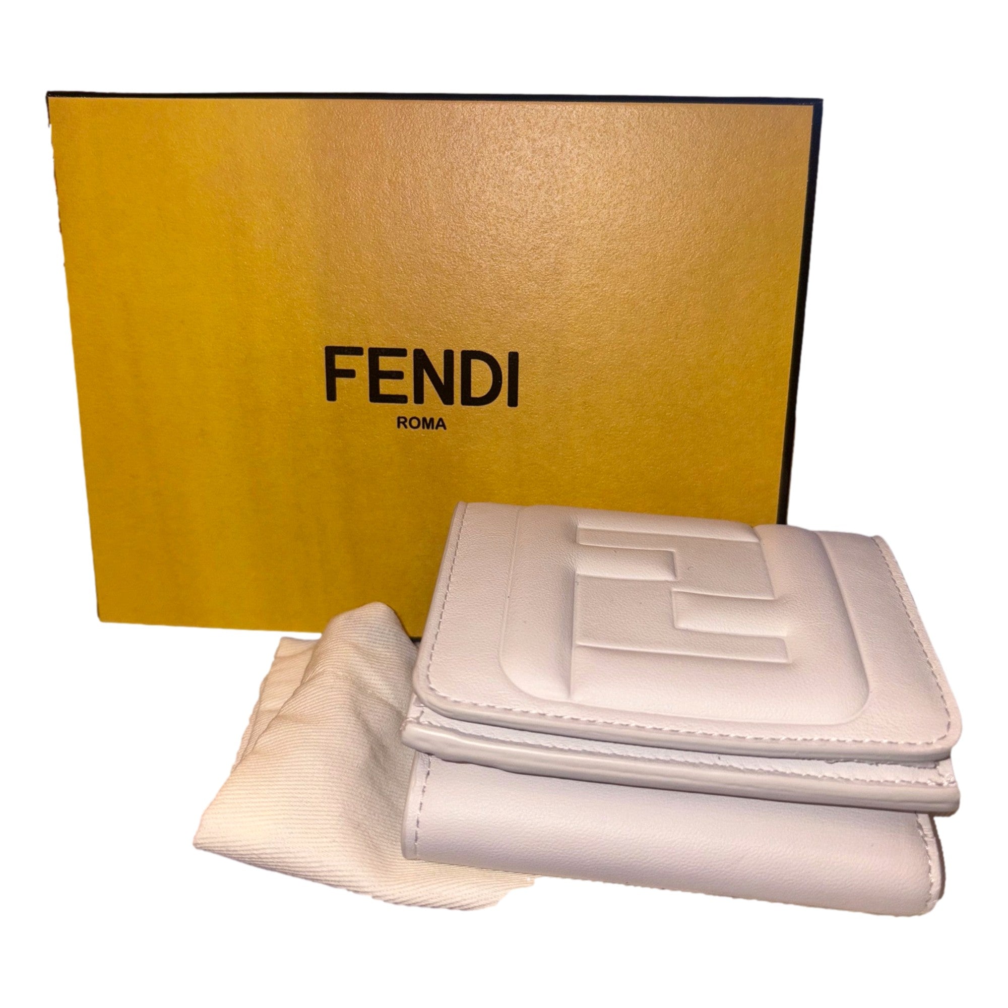 Fendi FF Cube Embossed Logo Bianco Ice White Leather Trifold