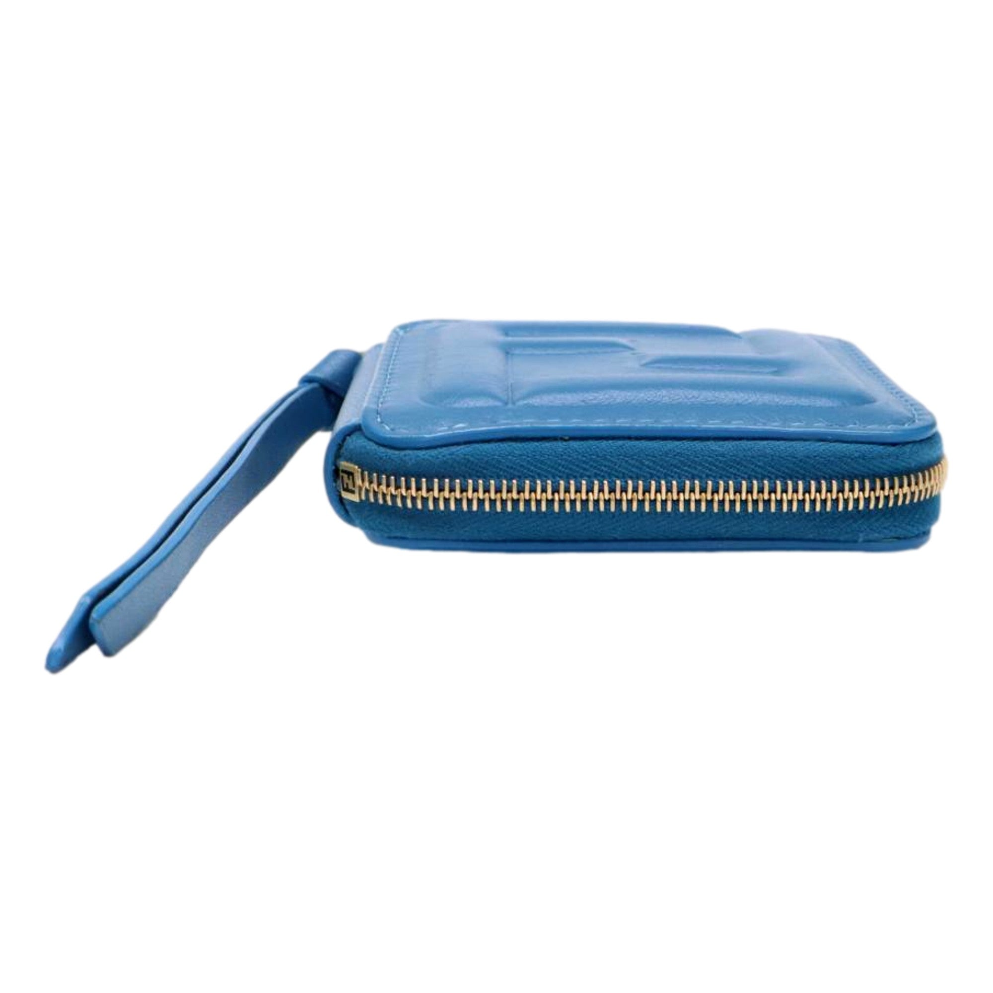 Fendi FF Cube Embossed Small Zip Wallet Mare Blue Leather with Strap