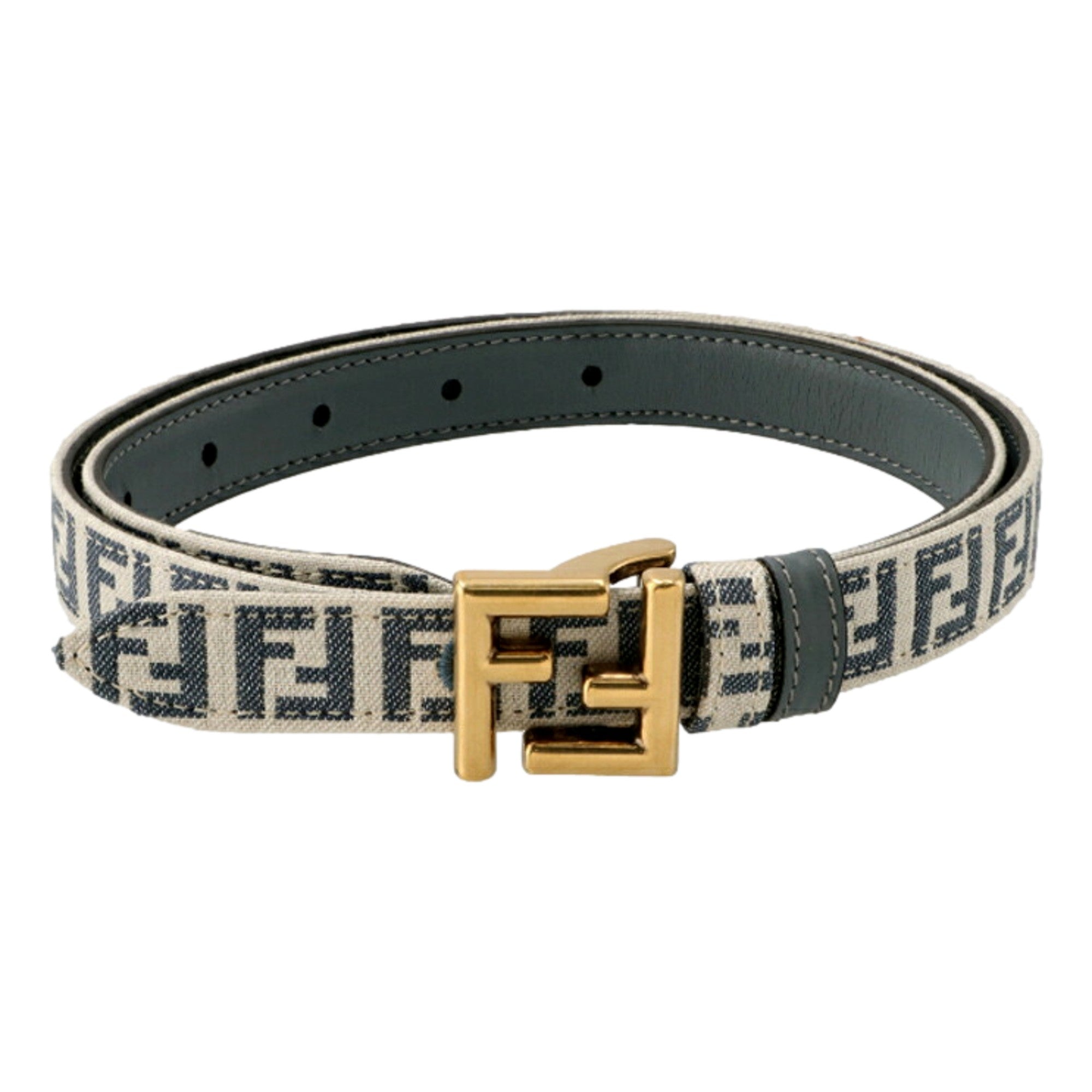 Fendi FF Denim Blue and White Reversible Belt with Gold Buckle 95