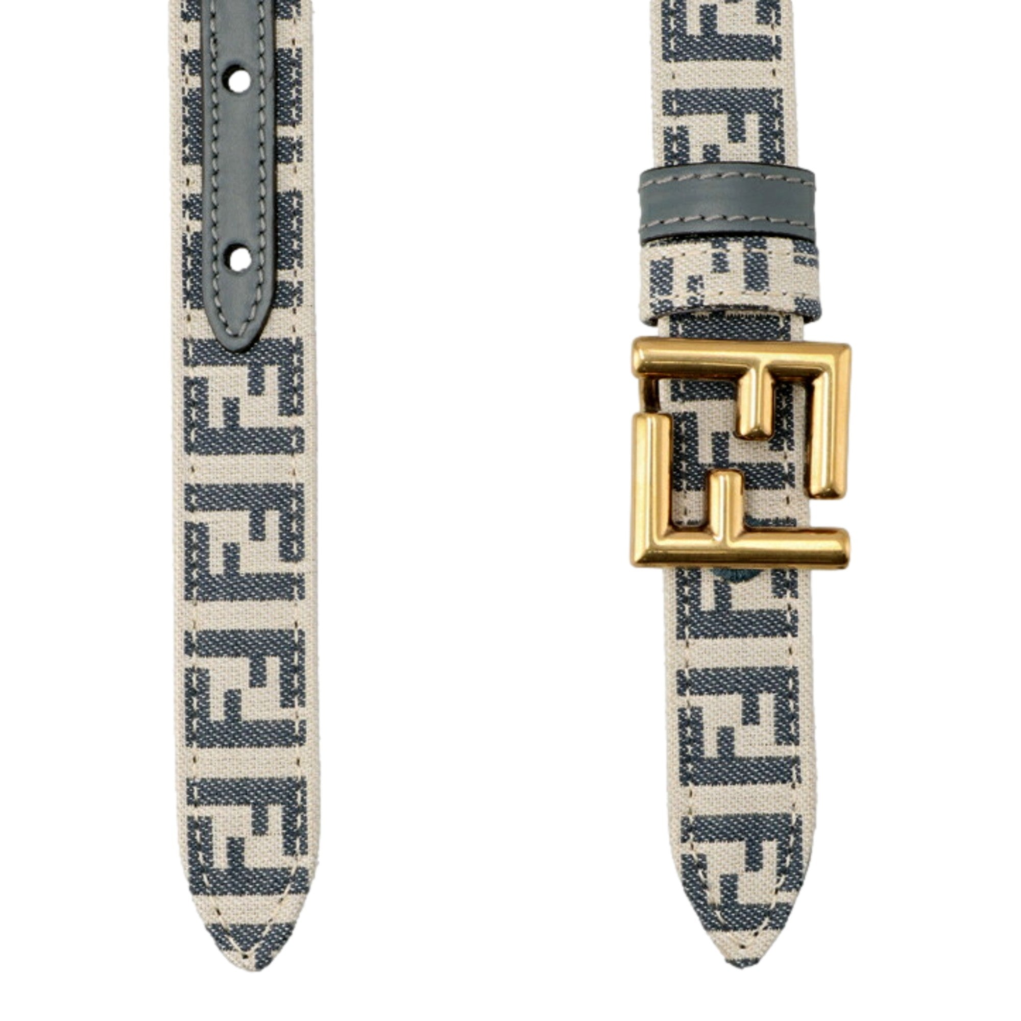Fendi FF Denim Blue and White Reversible Belt with Gold Buckle 95