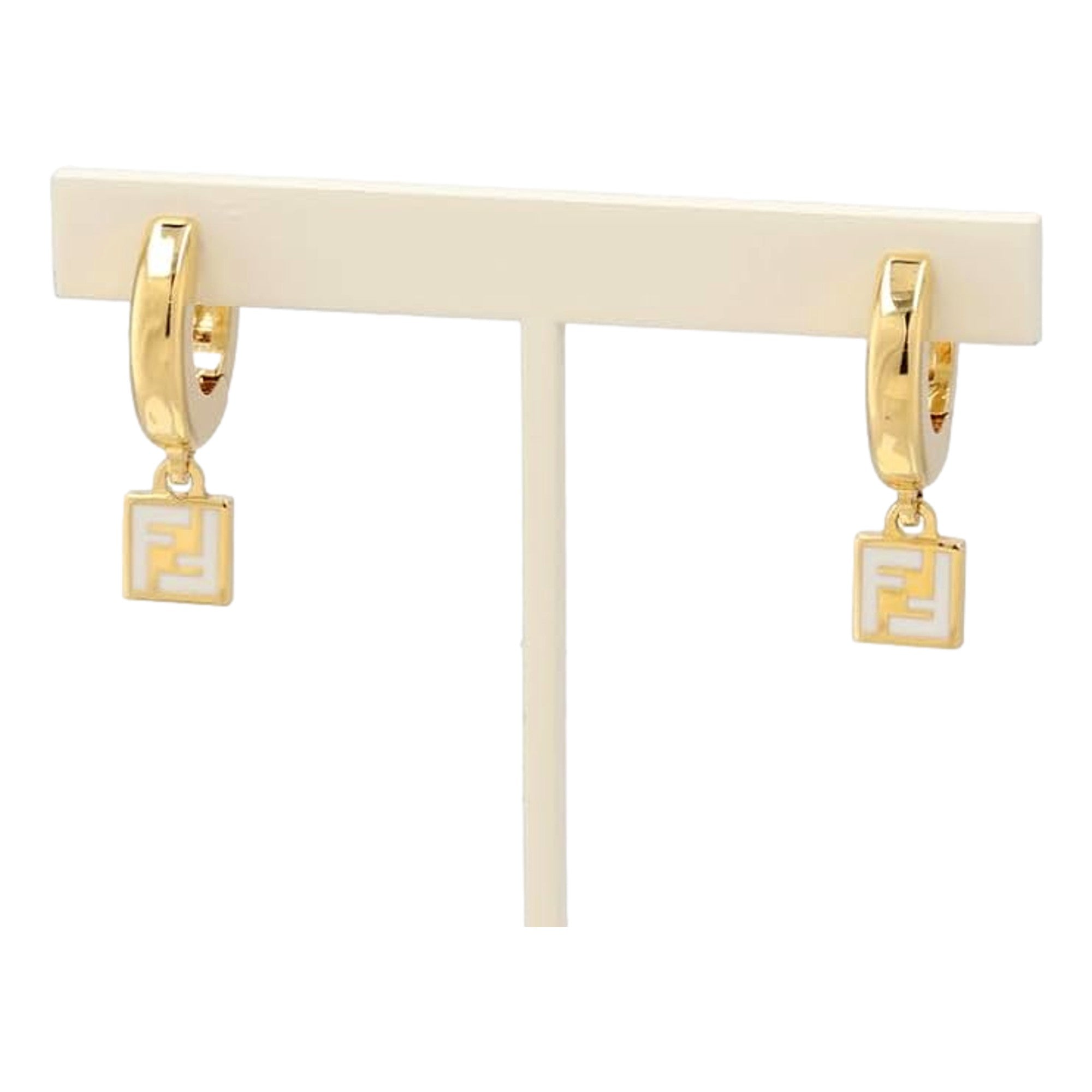 Fendi FF Gold Tone Metal White Enamel Small Hoop Earrings