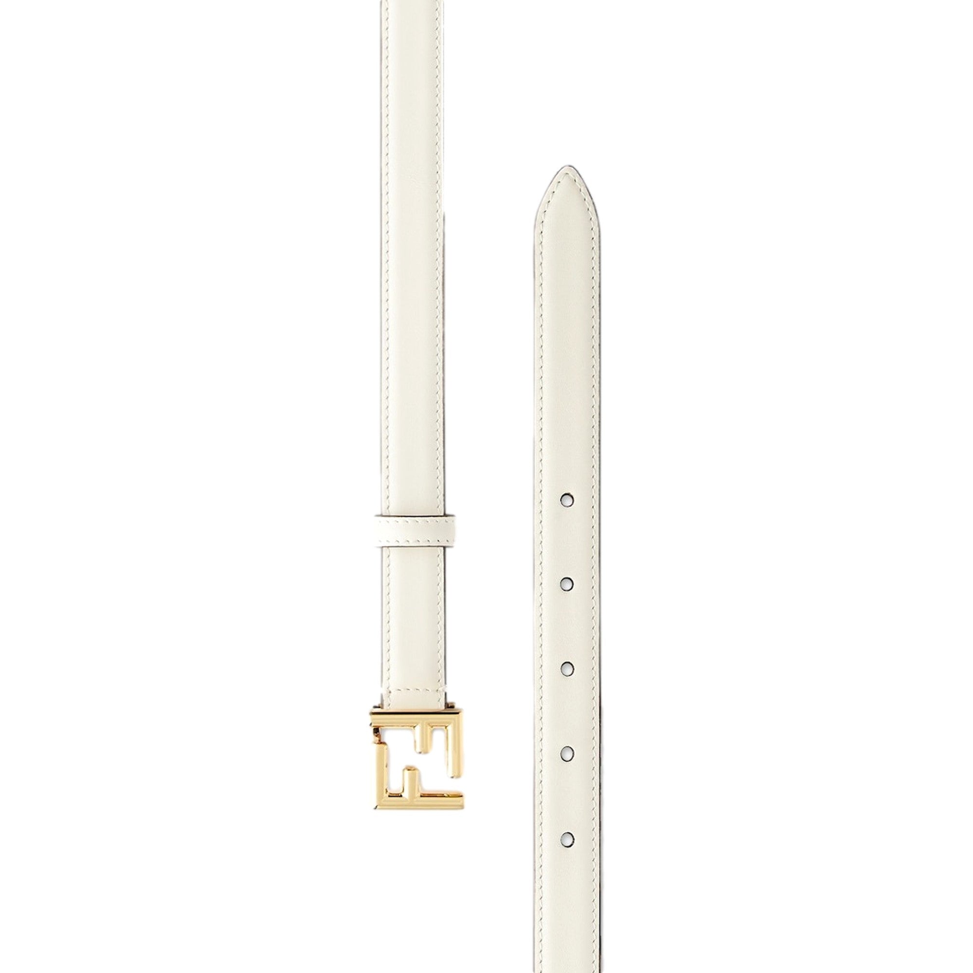 Fendi FF Logo Gold Tone Buckle White Leather Skinny Belt 80