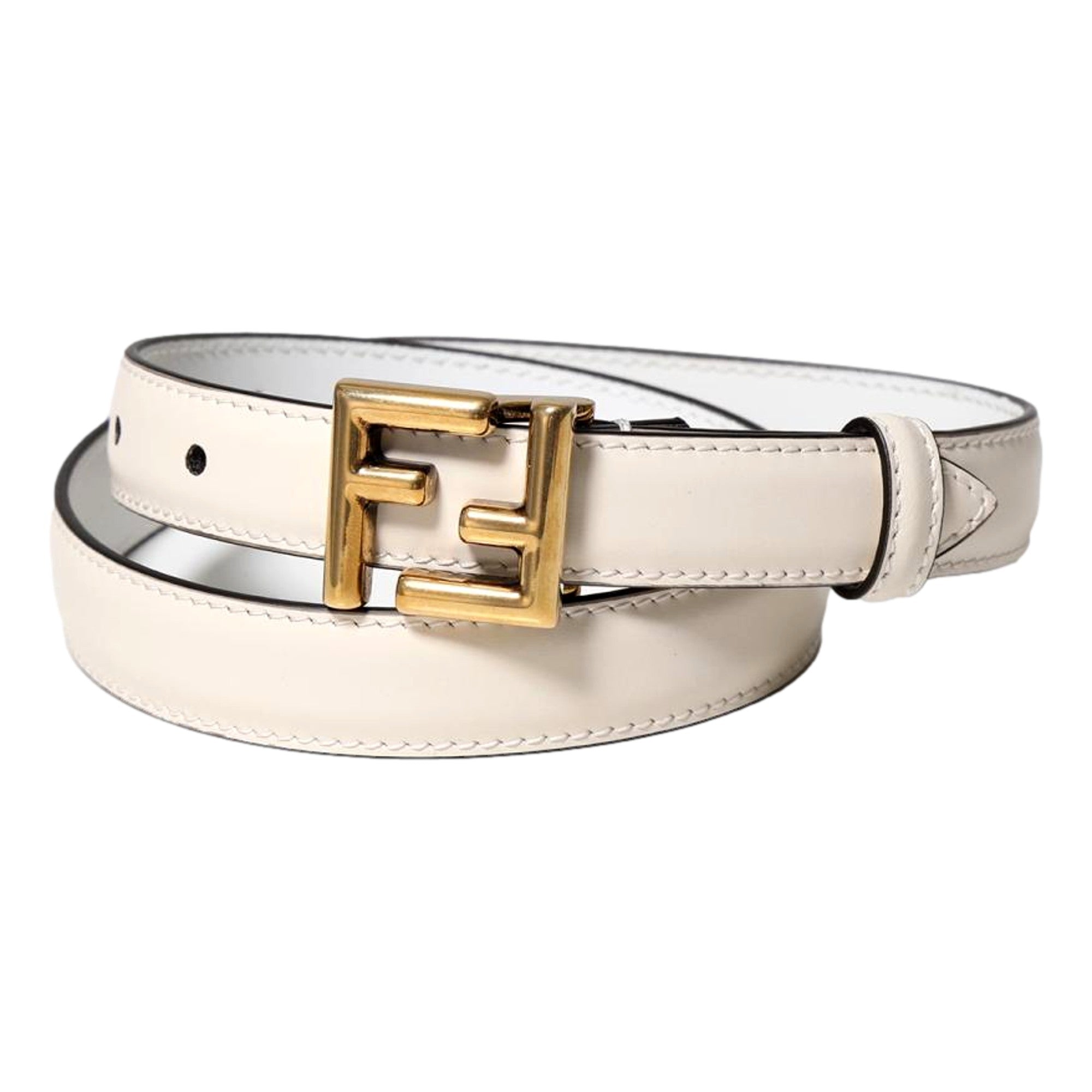 Fendi FF Logo Gold Tone Buckle White Leather Skinny Belt 80