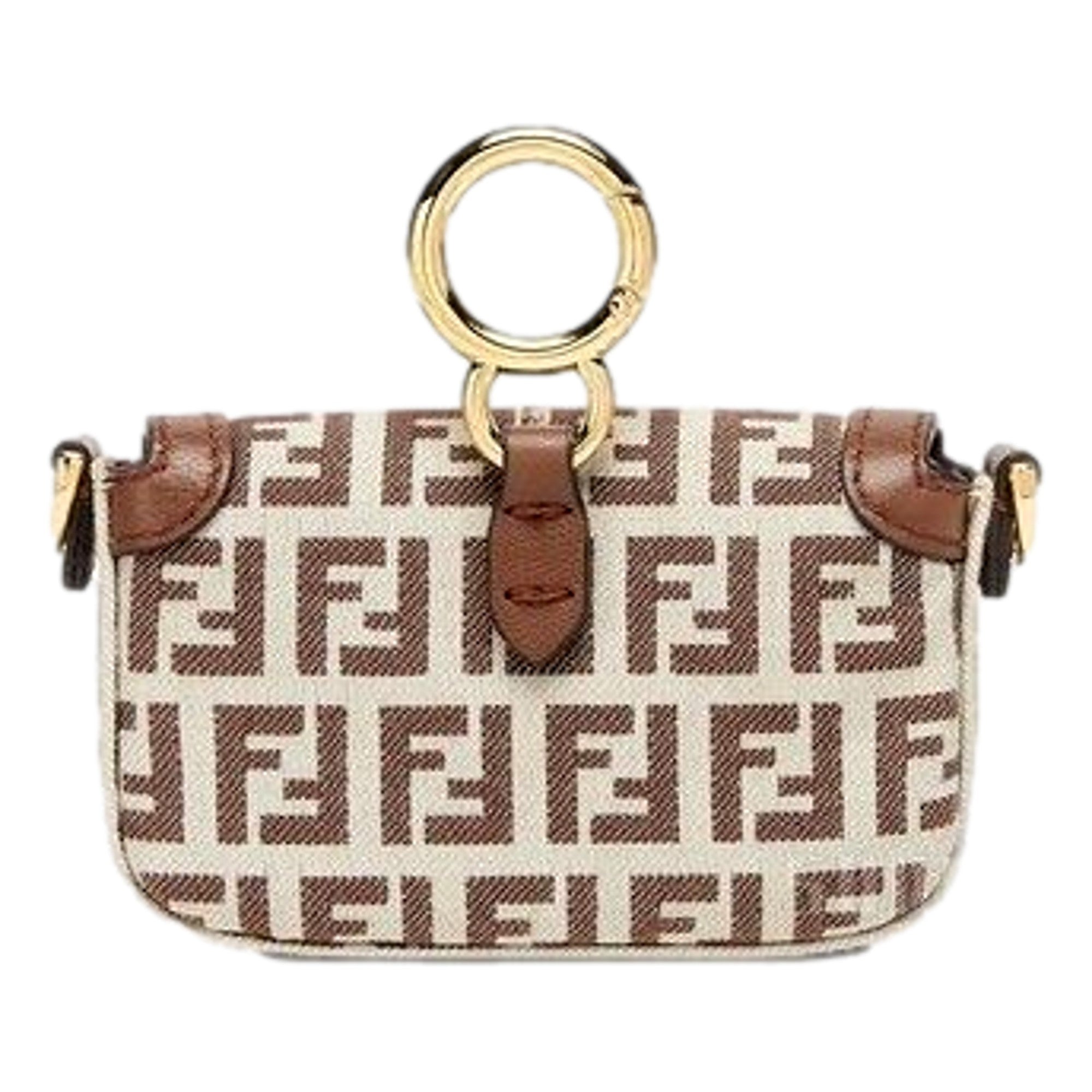 Fendi FF Canvas Nano Baguette Charm Crossbody Bag Brown White Gold Hardware