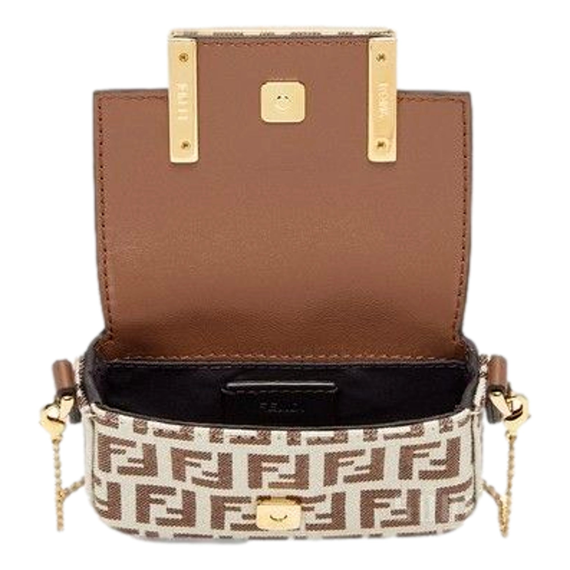 Fendi FF Canvas Nano Baguette Charm Crossbody Bag Brown White Gold Hardware