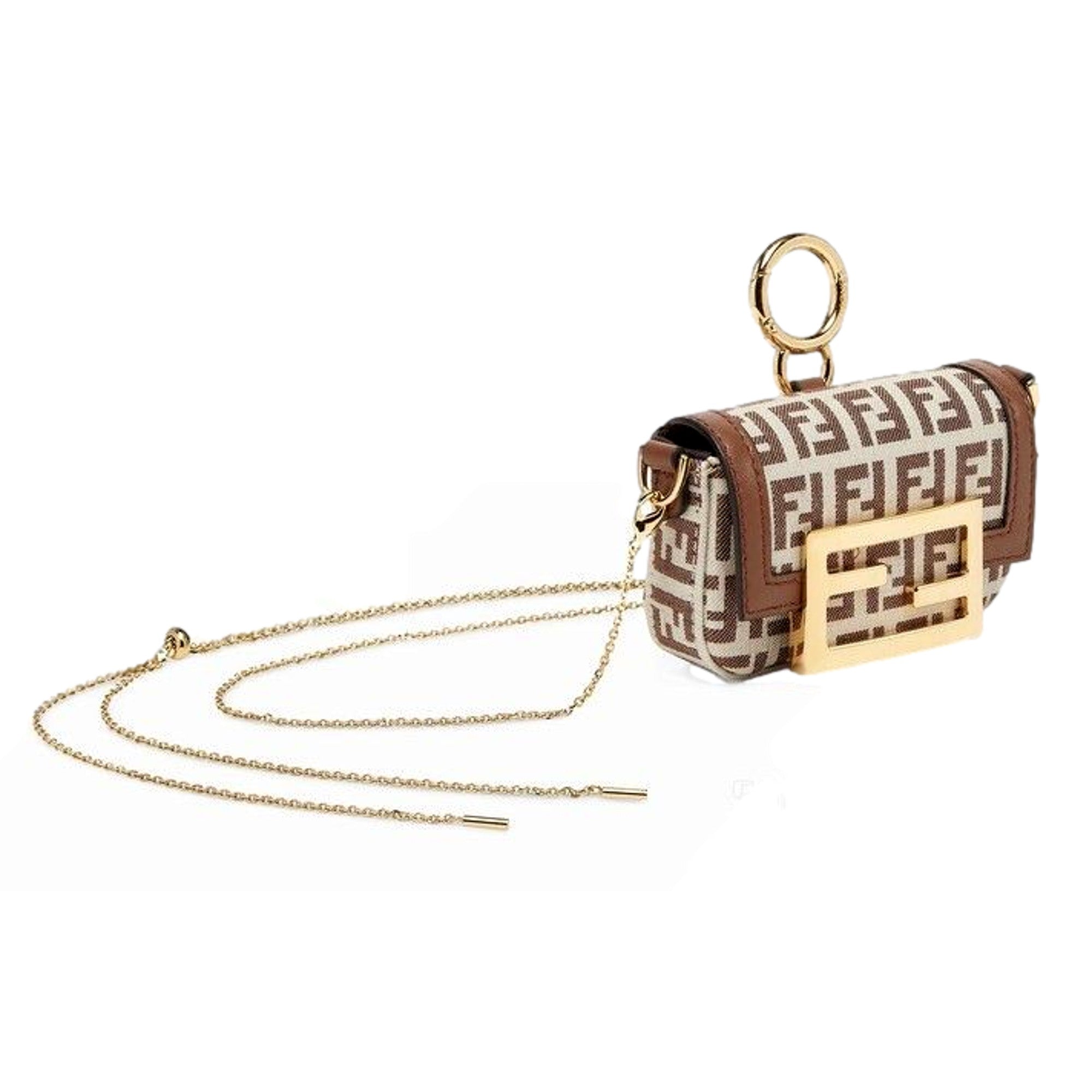 Fendi FF Canvas Nano Baguette Charm Crossbody Bag Brown White Gold Hardware