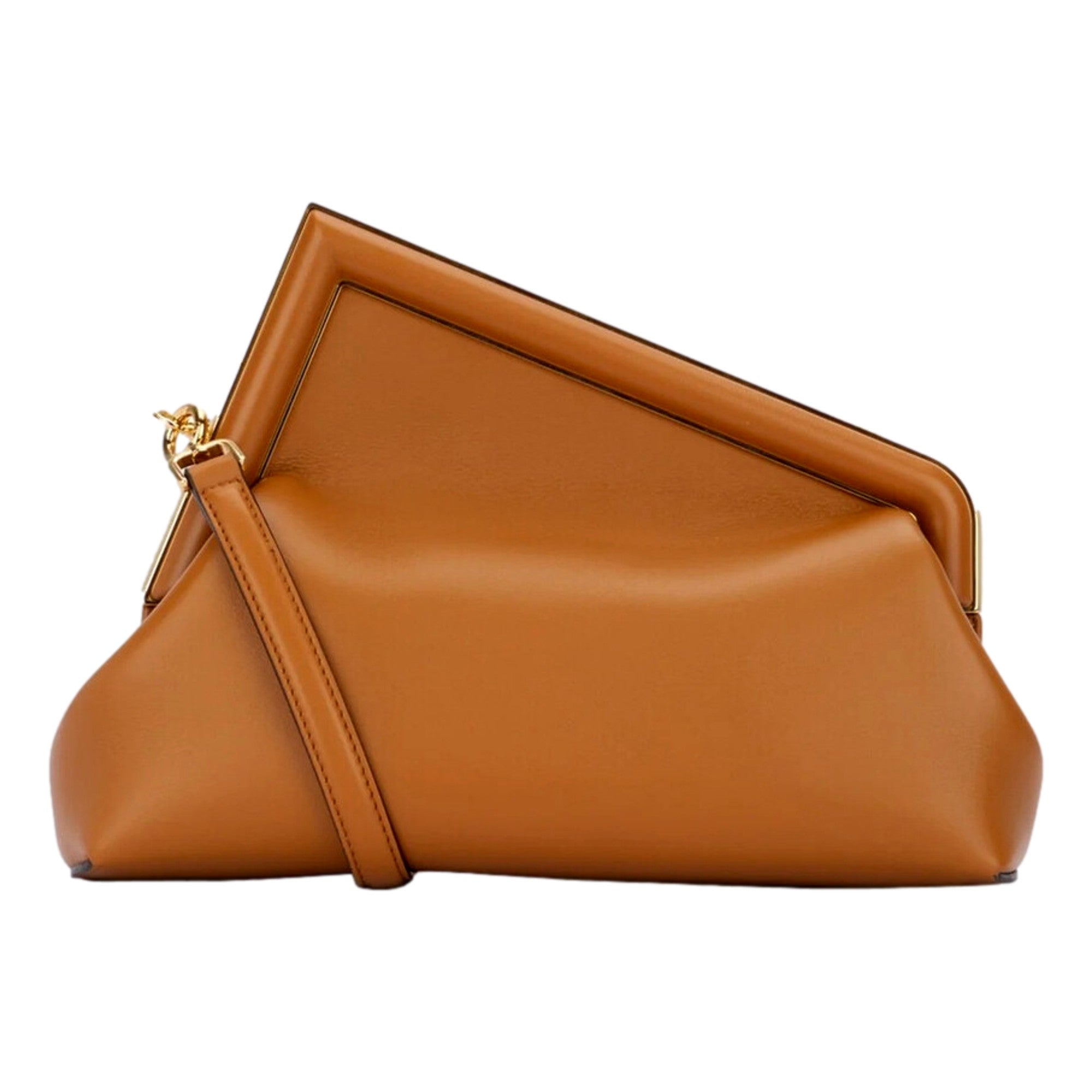 Fendi First Midi Clutch Crossbody in Caramel Brown Nappa Leather with Gold FF Logo