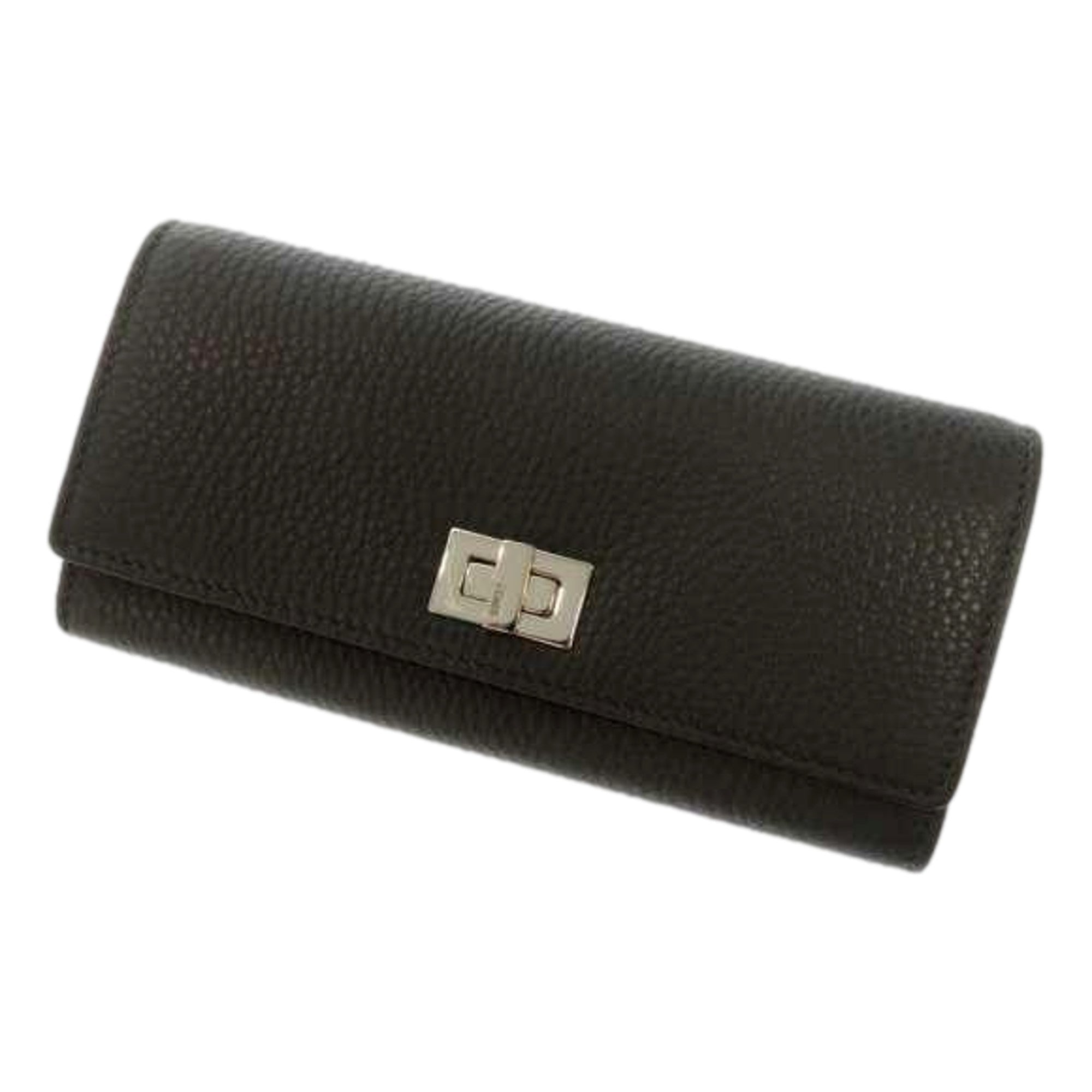 Fendi Peekaboo Turn Lock Black Grained Leather Continental Long Wallet Silver Hardware