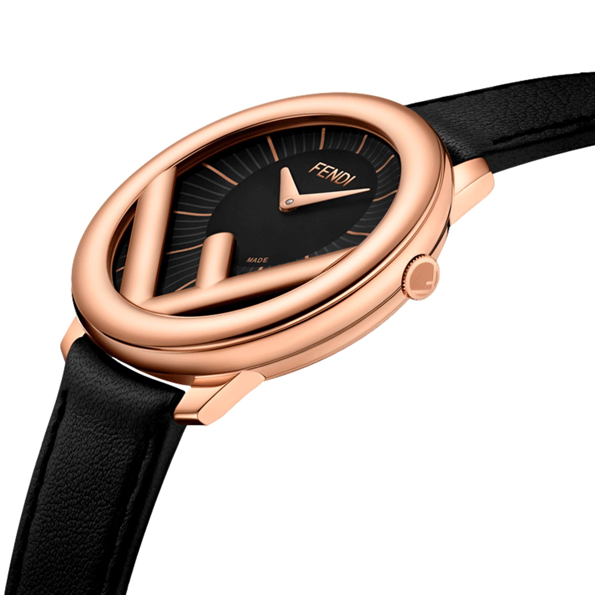 Fendi Run Away Rose Gold Black Leather 36mm Watch