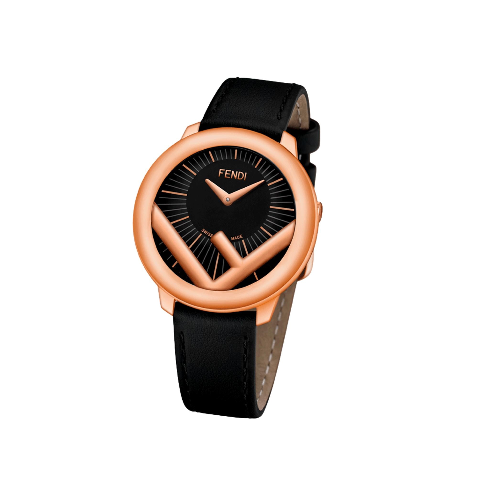 Fendi Run Away Rose Gold Black Leather 36mm Watch