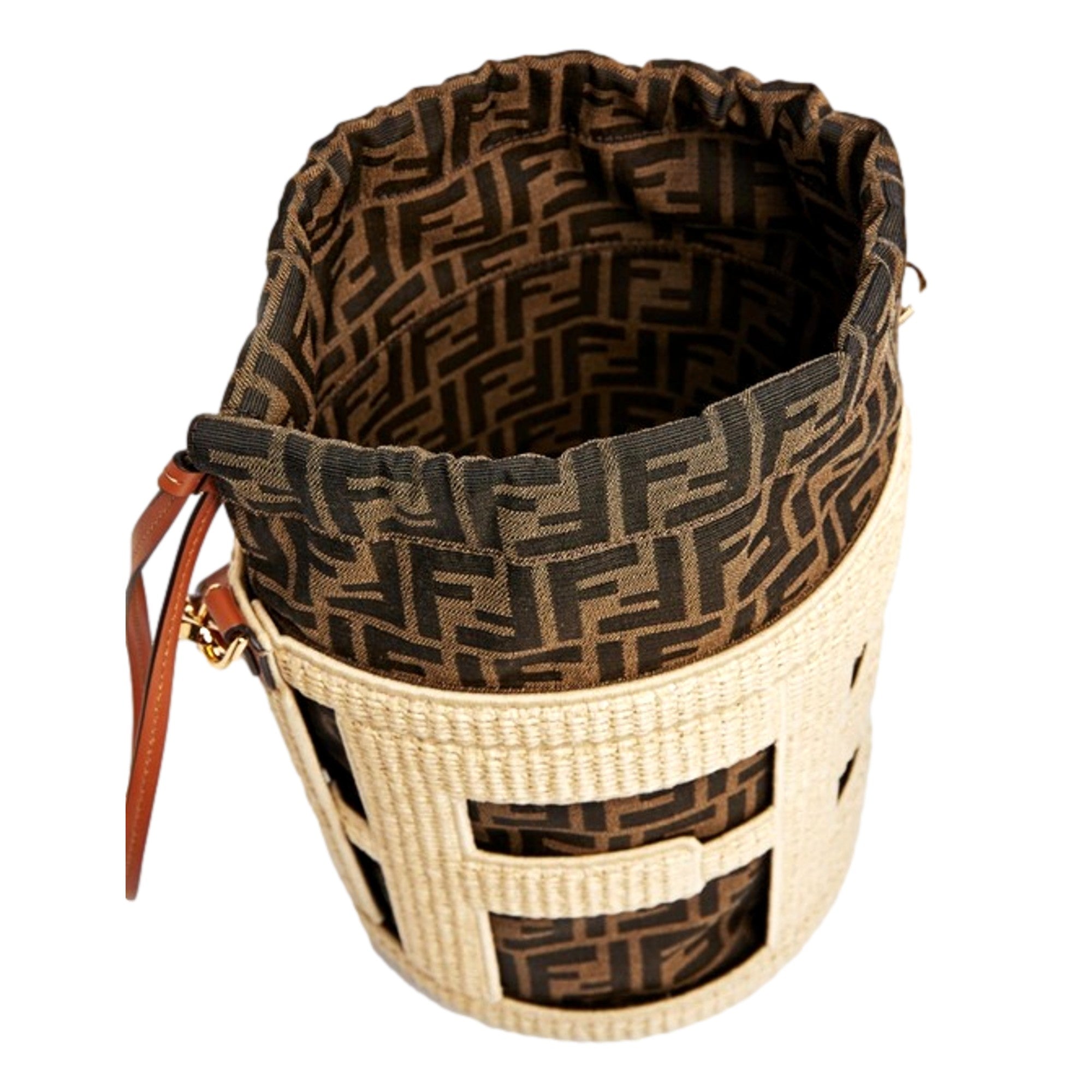 Fendi Step Out Straw and Canvas Medium Bucket Bag FF Monogram