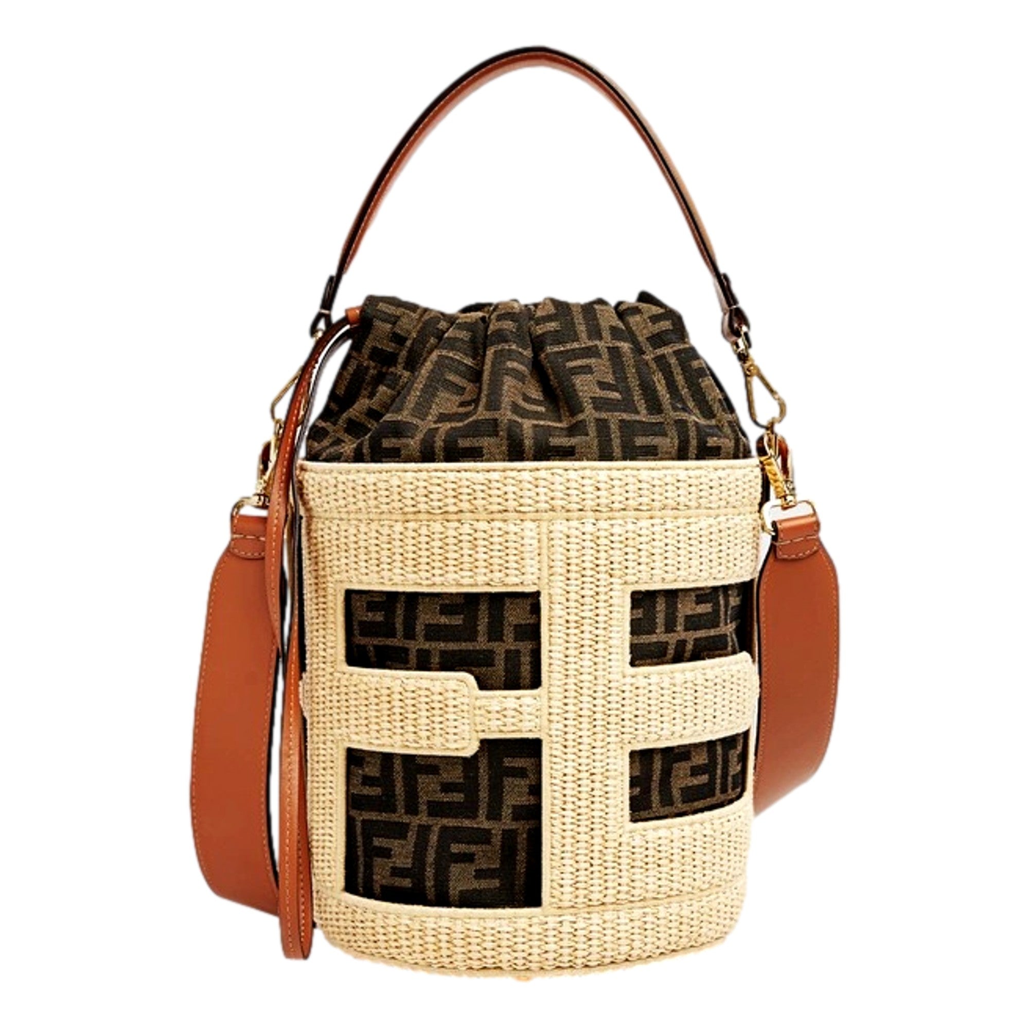 Fendi Step Out Straw and Canvas Medium Bucket Bag FF Monogram