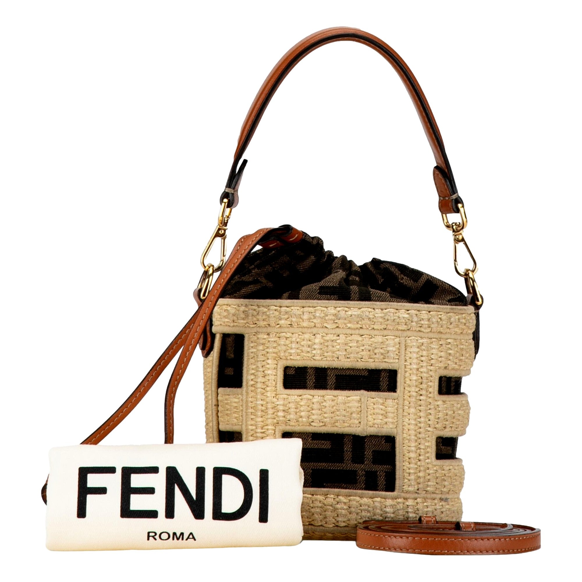Fendi Step Out Straw and Canvas Medium Bucket Bag FF Monogram