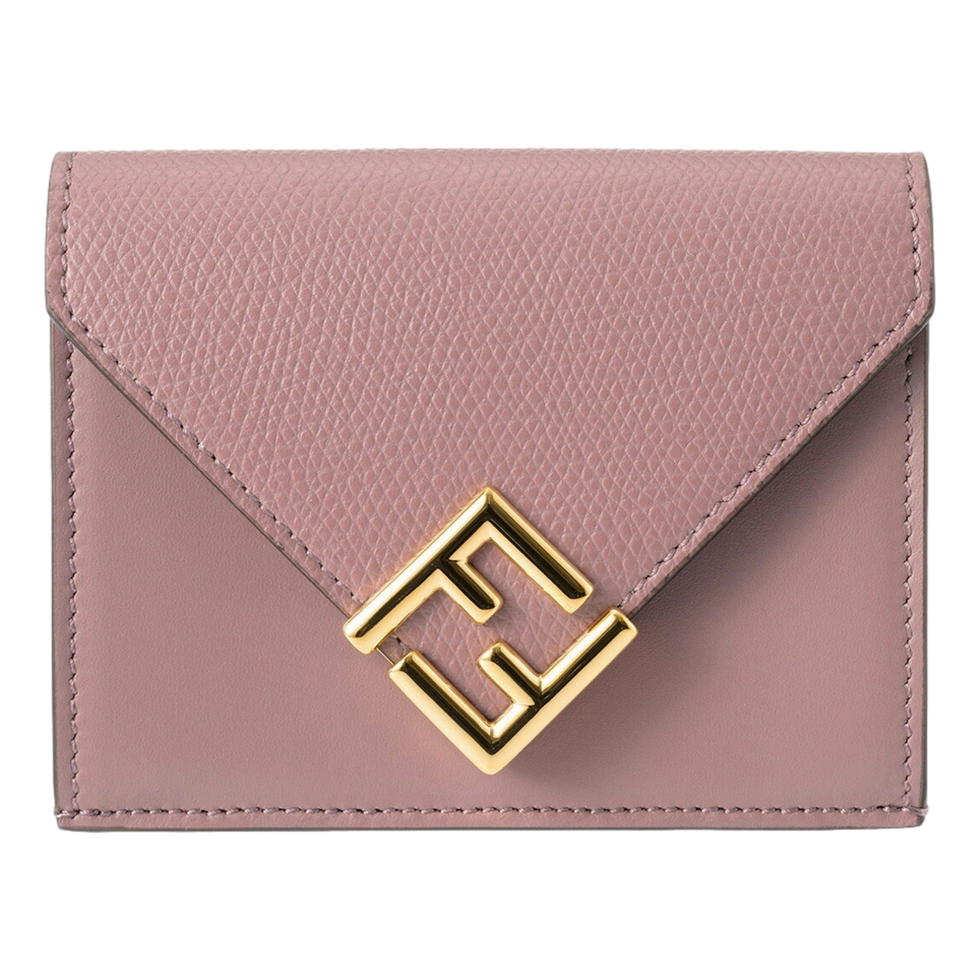 Fendi FF Diamond Leather Tri-Fold Wallet Dusty Mauve Gold-Tone Hardware