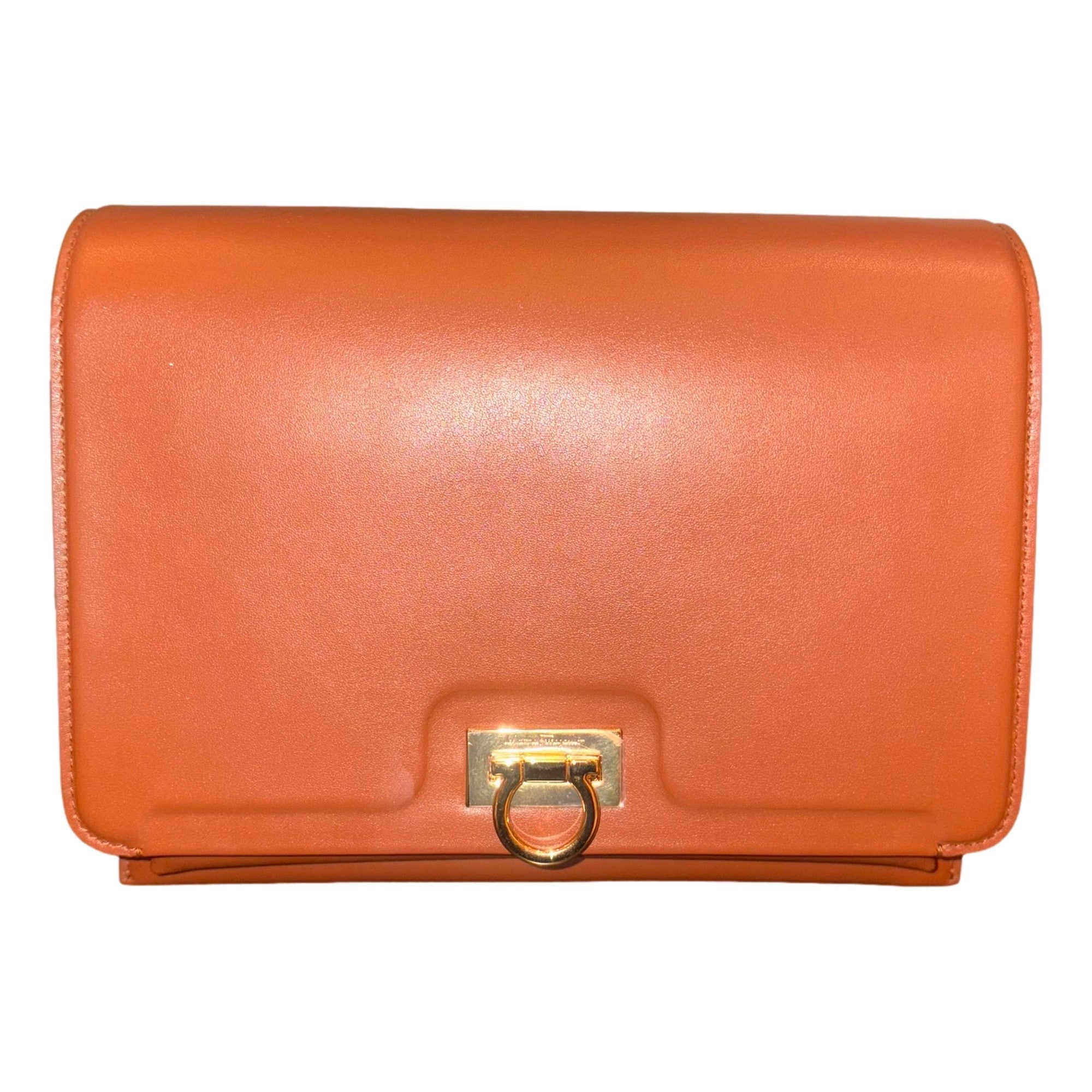 Ferragamo Trifolio Cognac Brown Soft Leather Flap Crossbody Bag Gold Gancini