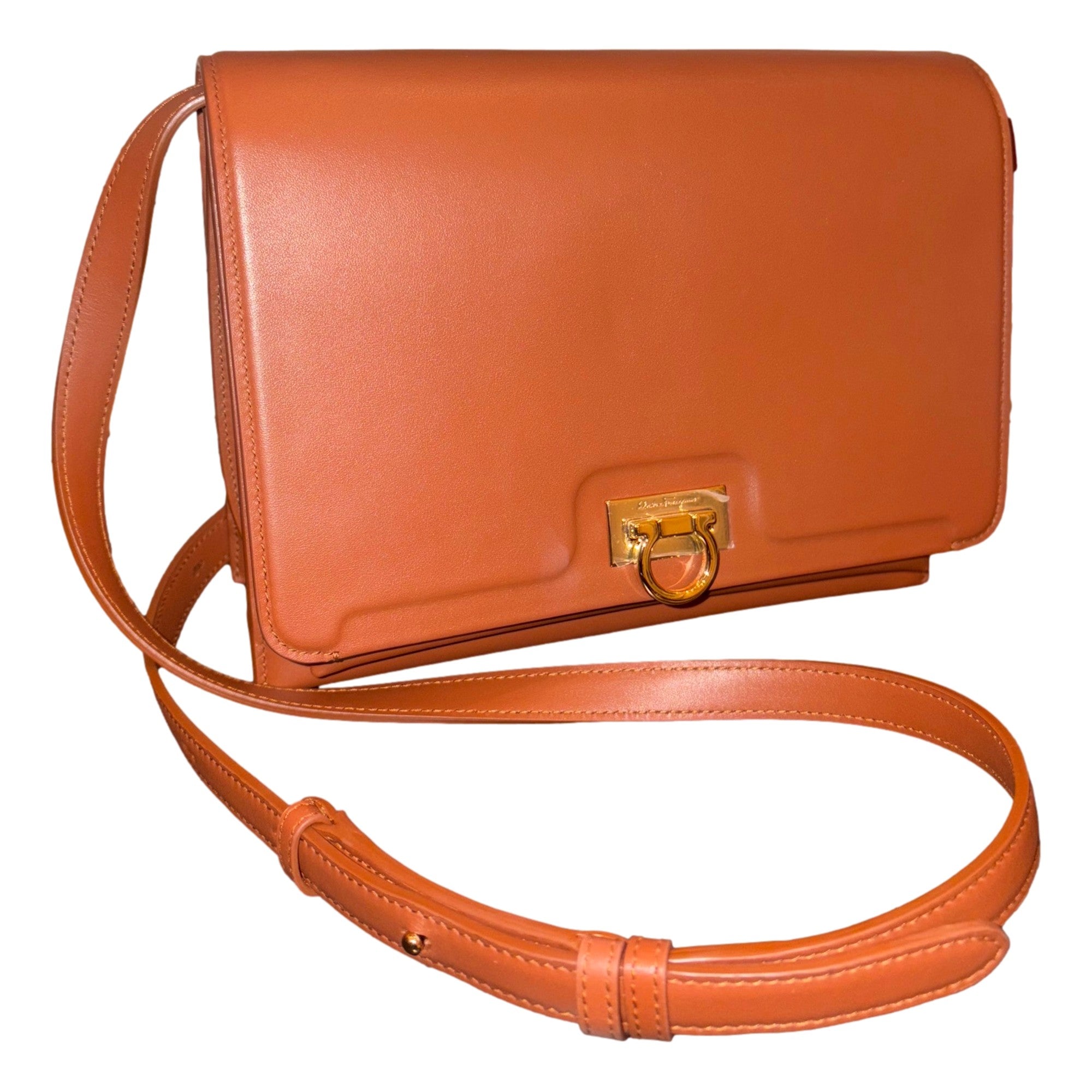 Ferragamo Trifolio Cognac Brown Soft Leather Flap Crossbody Bag Gold Gancini