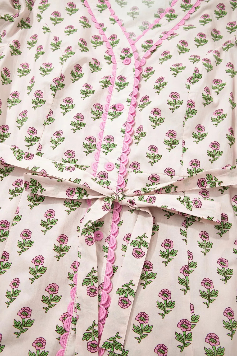 Floral Print V Neck Scallop Trim Button Front Short Sleeve Dress