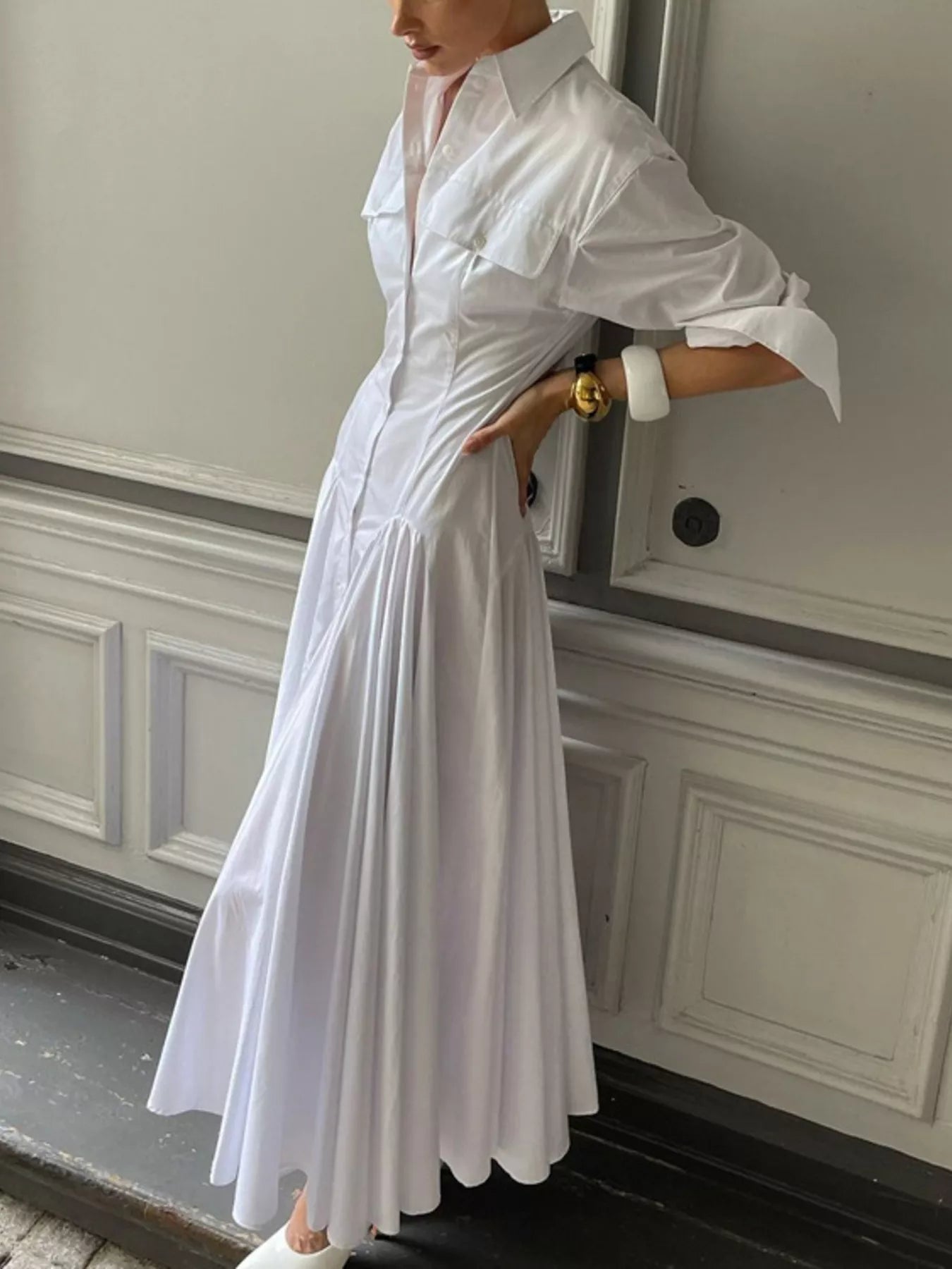 Button Front Long Sleeve Maxi Shirt Dress