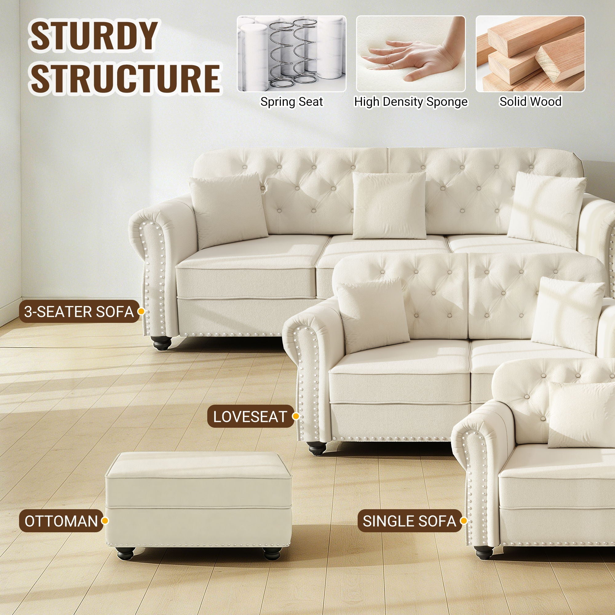 Upholstered Sofa Set With Nailhead Trim And Rolled Armrests, Includes Pillows