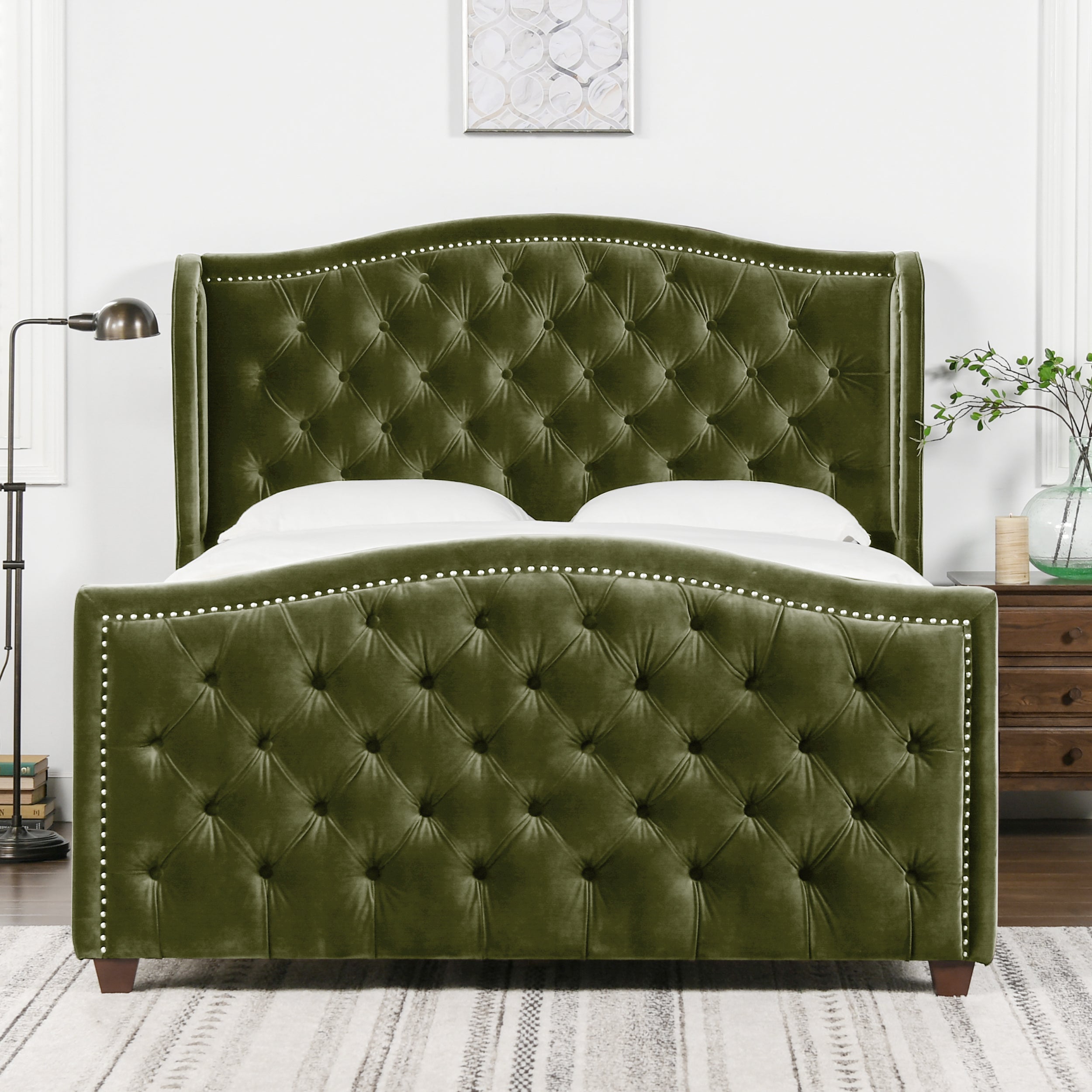Marcella Upholstered Shelter Headboard Bed Set, Queen, Olive