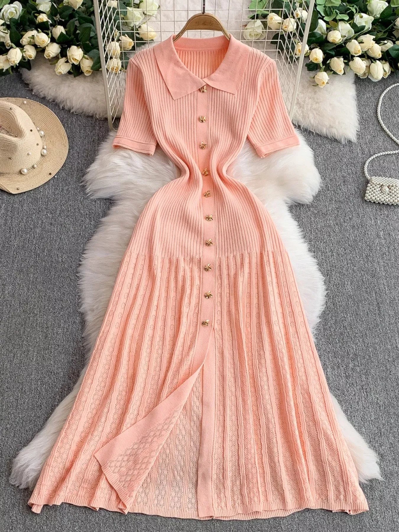 Button Front Ribbed Knit Midi Dress
