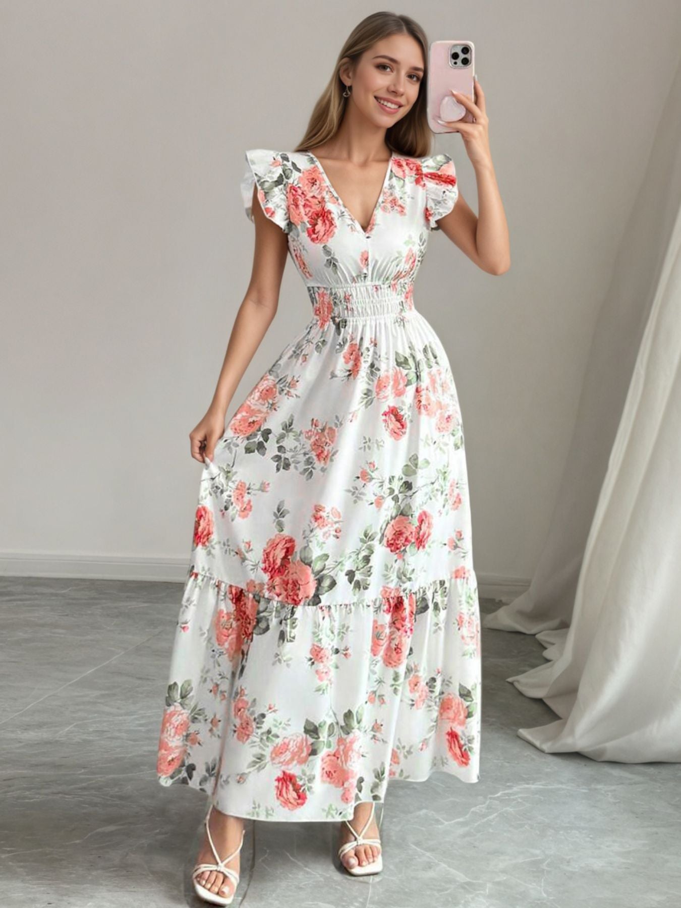 Floral Print Ruffle Sleeve Tiered Maxi Dress