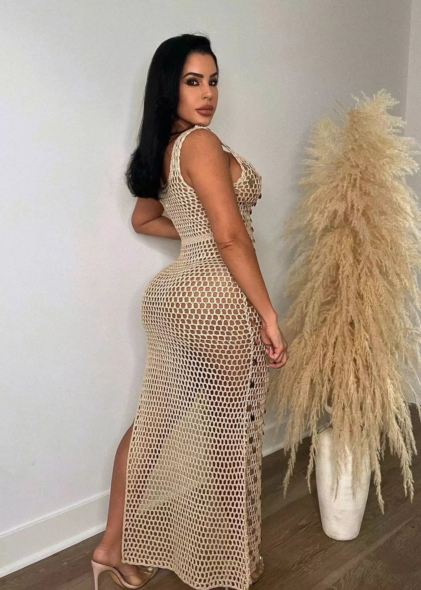 Sequin Embellished Crochet Maxi Dress with High Slit