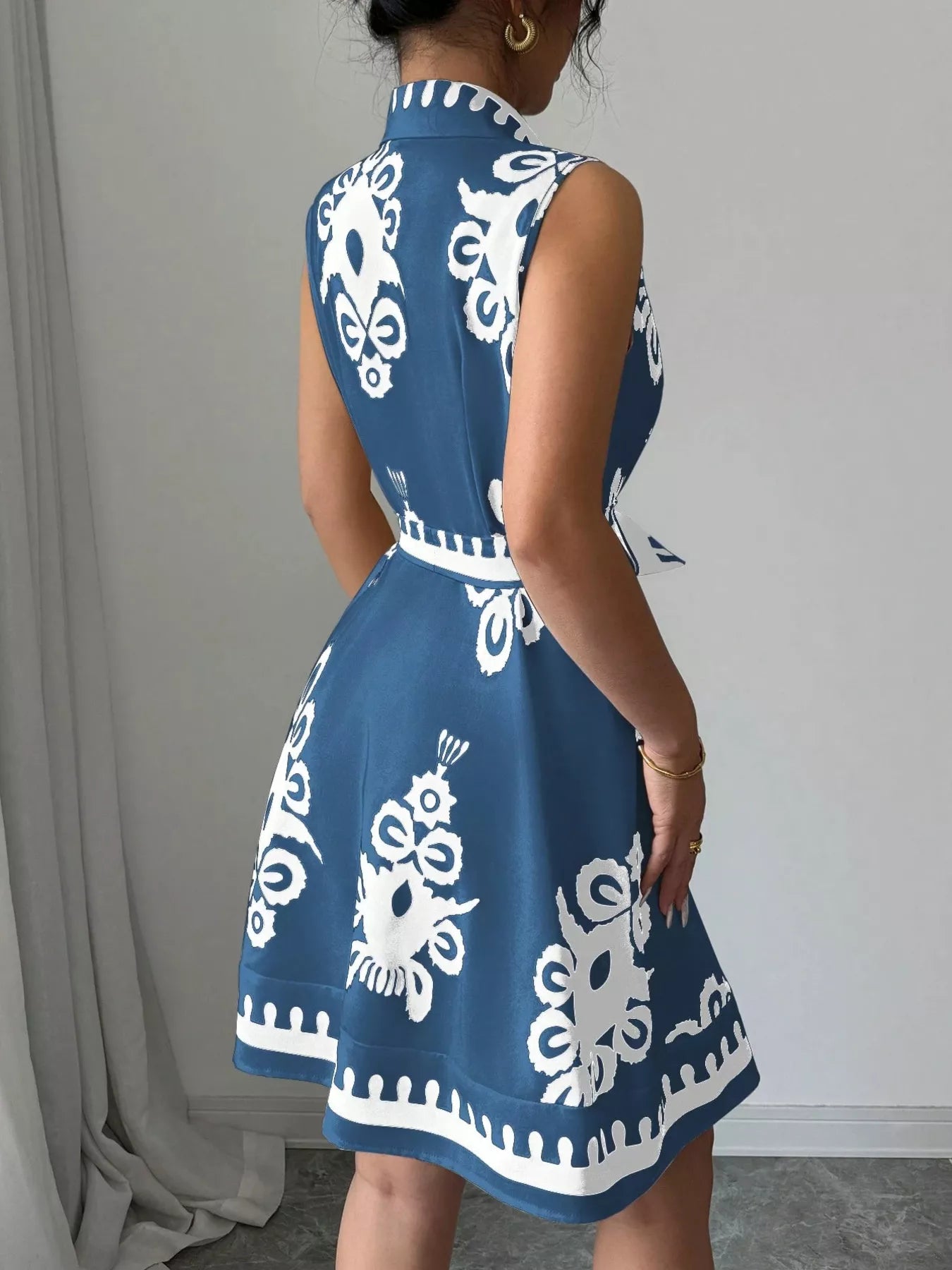 Sleeveless Ruched Printed Tie Waist Dress
