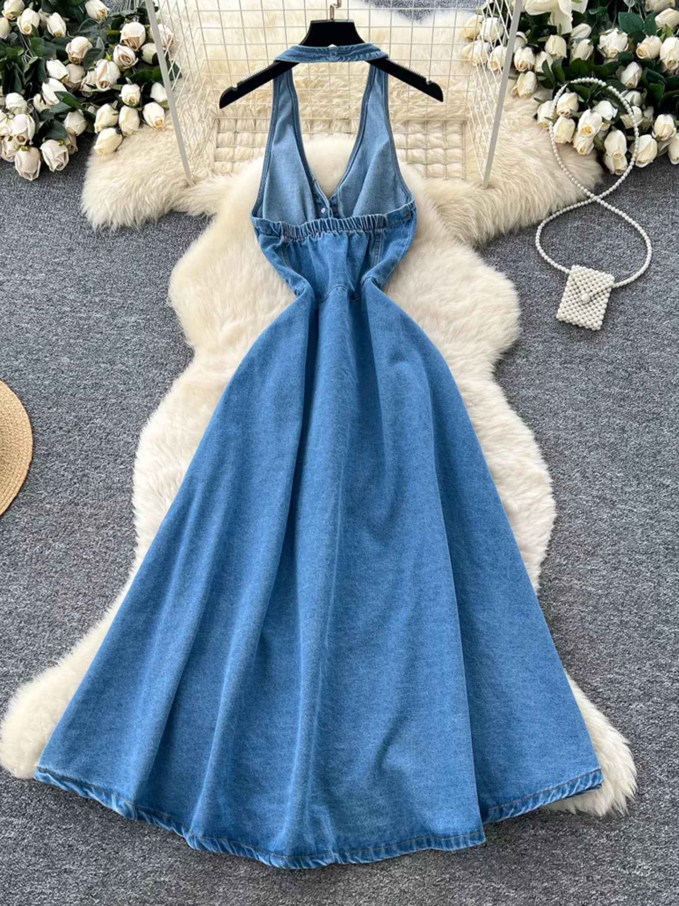 Halter Neck Button-Down Denim Dress