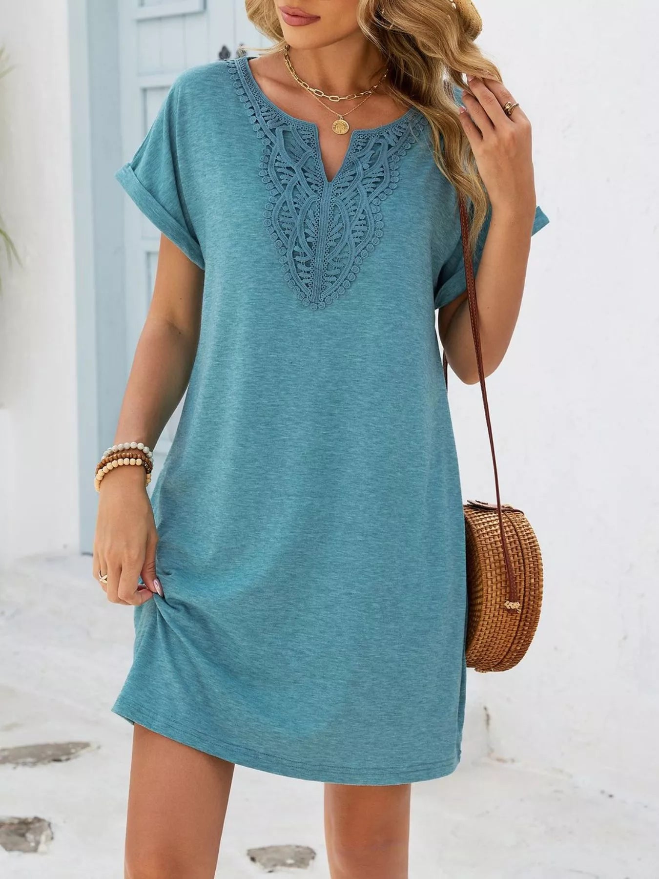 Lace Trim Notched Short Sleeve Dress