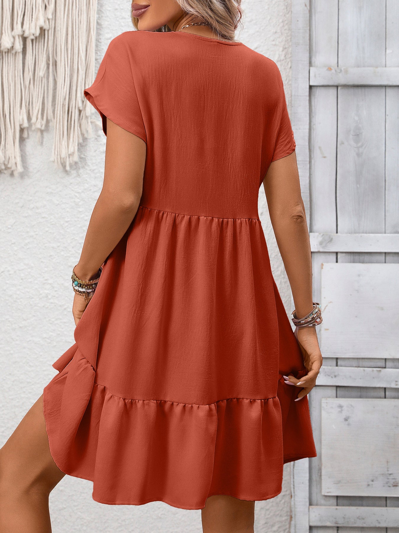 Casual V-Neck Ruffle Hem Mini Dress