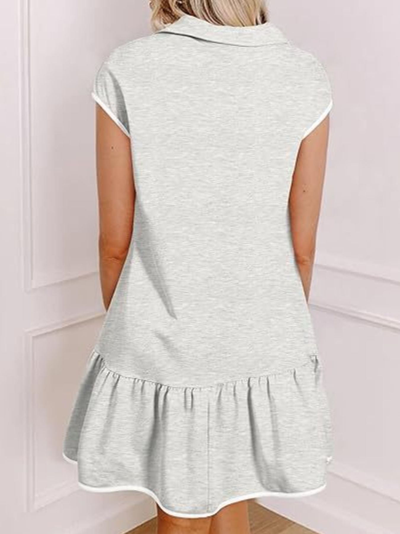 Zip Front Cap Sleeve Ruffle Hem Dress