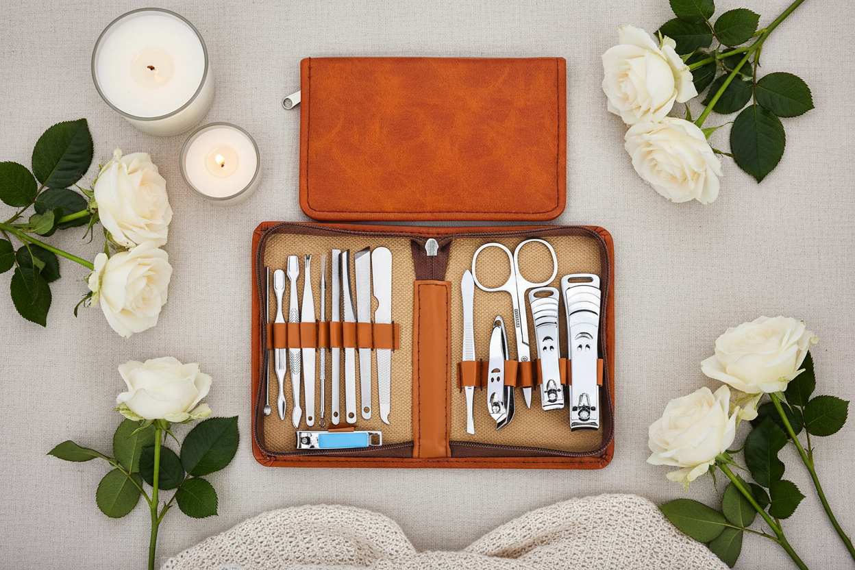 Flat lay of open manicure kit with roses and candle