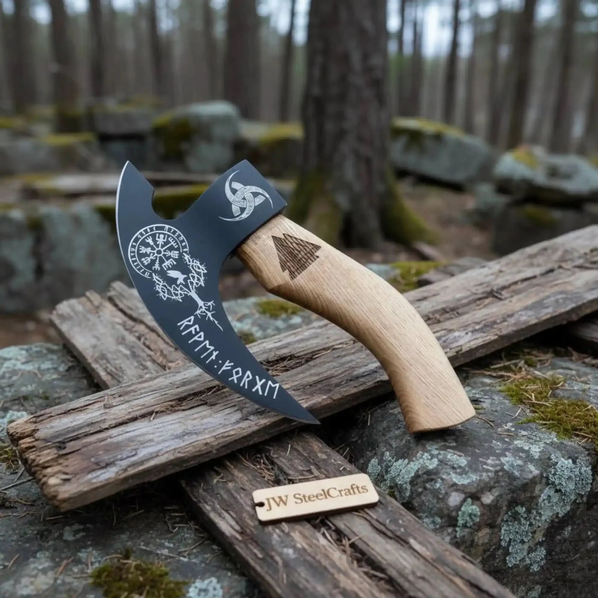 Viking Rune Engraved Bearded Axe Pizza Cutter — Carbon Steel Blade, Ash Wood Handle
