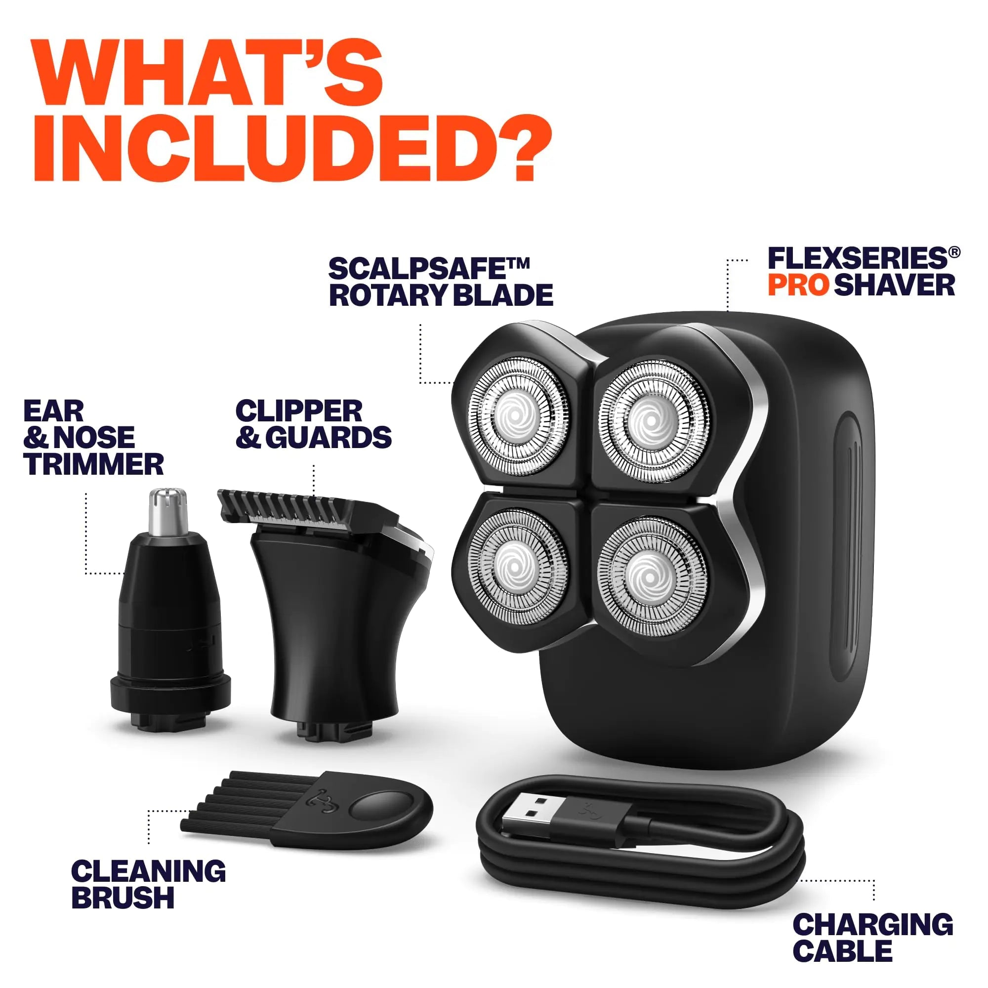 Freebird FlexSeries Pro Electric Head Shaver - Fast Smooth Head Shaver, Wet/Dry Shaving, Anti-Pinch, Rotary Electric Razor, USB Rechargeable, Cordless, 4 Flexible Blades, Ideal Gifts for Bald Men - Overture Gifts