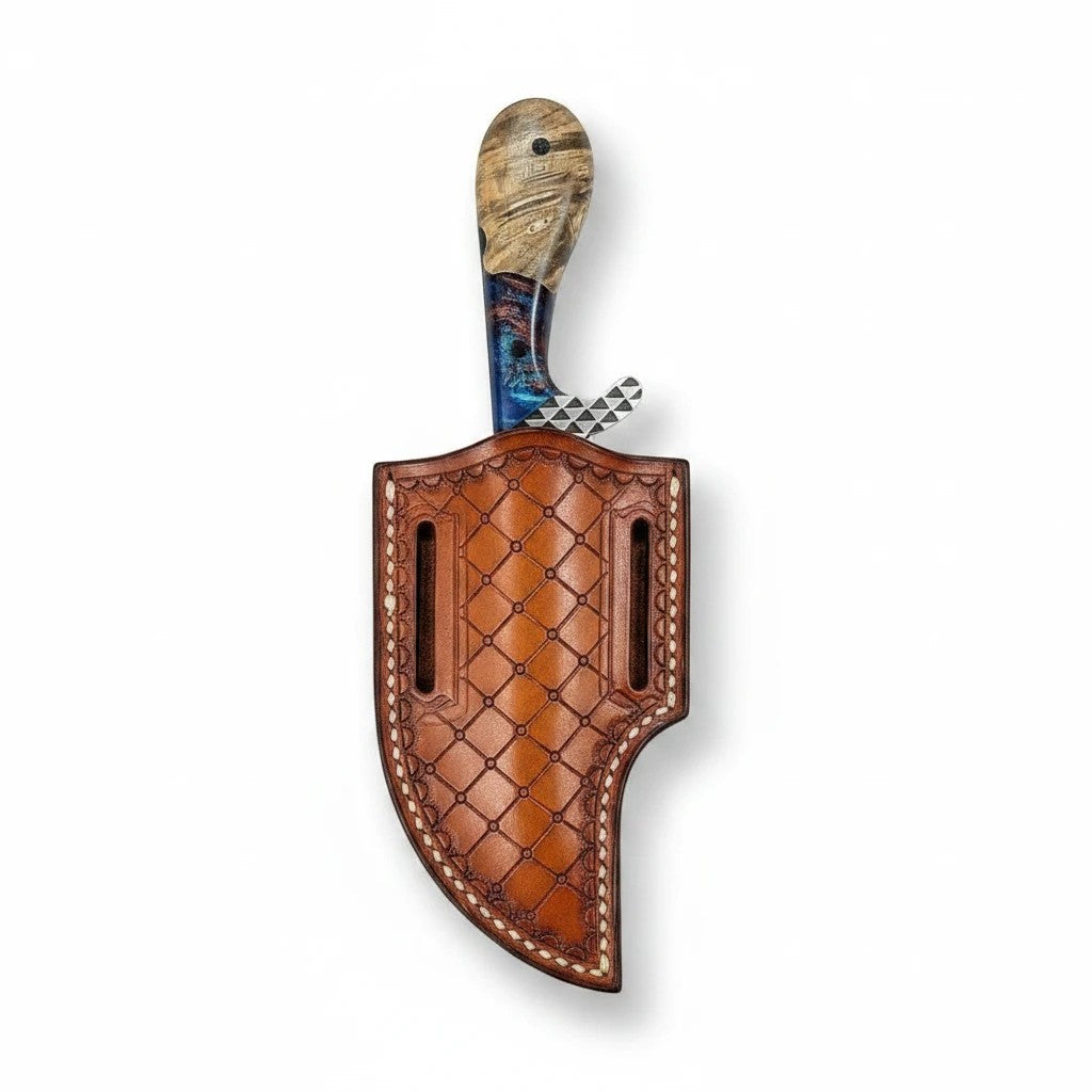 The Stampede – Custom Handmade Farrier Rasp Steel Western Bull Cutter Knife with Rosewood & Epoxy Resin Handle & Leather Sheath