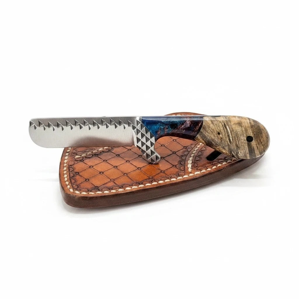 The Stampede – Custom Handmade Farrier Rasp Steel Western Bull Cutter Knife with Rosewood & Epoxy Resin Handle & Leather Sheath