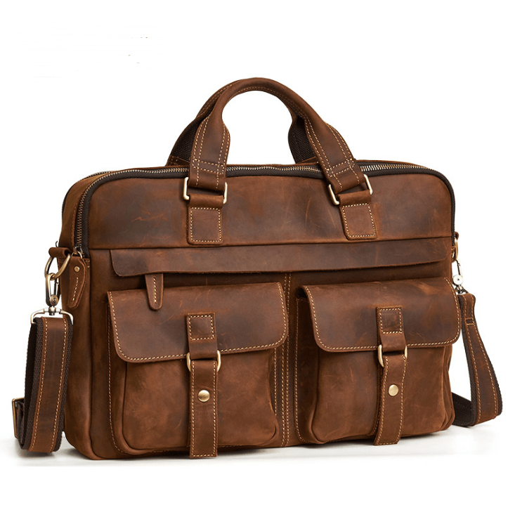 Genuine men''s bags retro men''s business bags briefcase cowhide oblique Bag 15.6 inch Laptop Bag - Overture Gifts