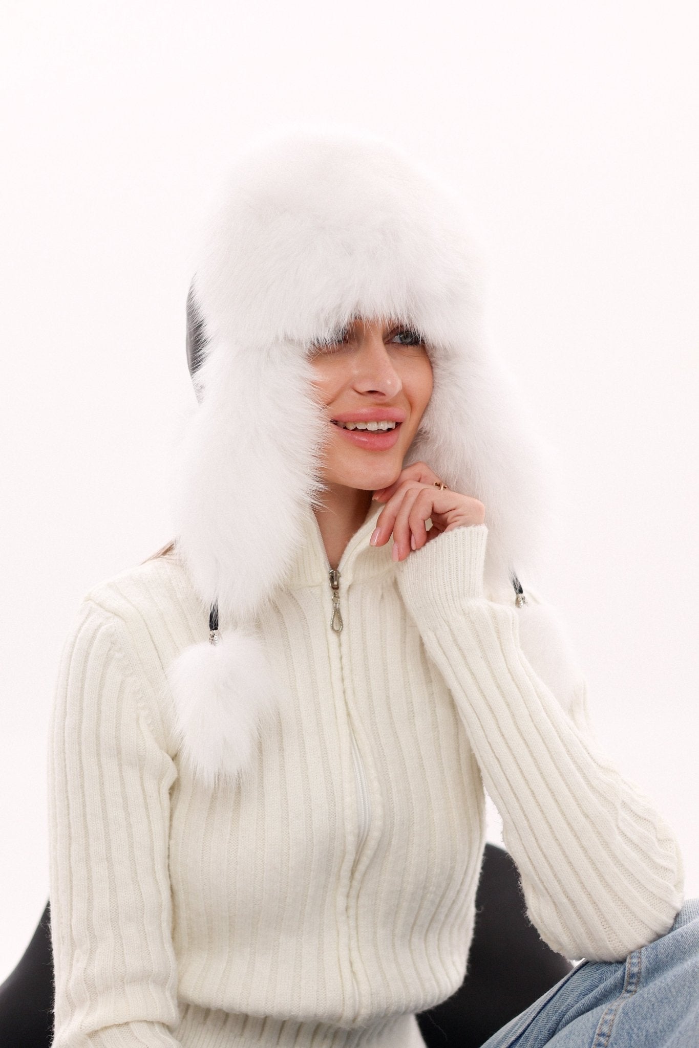 Genuine Polar Fox Fur Genuine Leather Hat - Overture Gifts