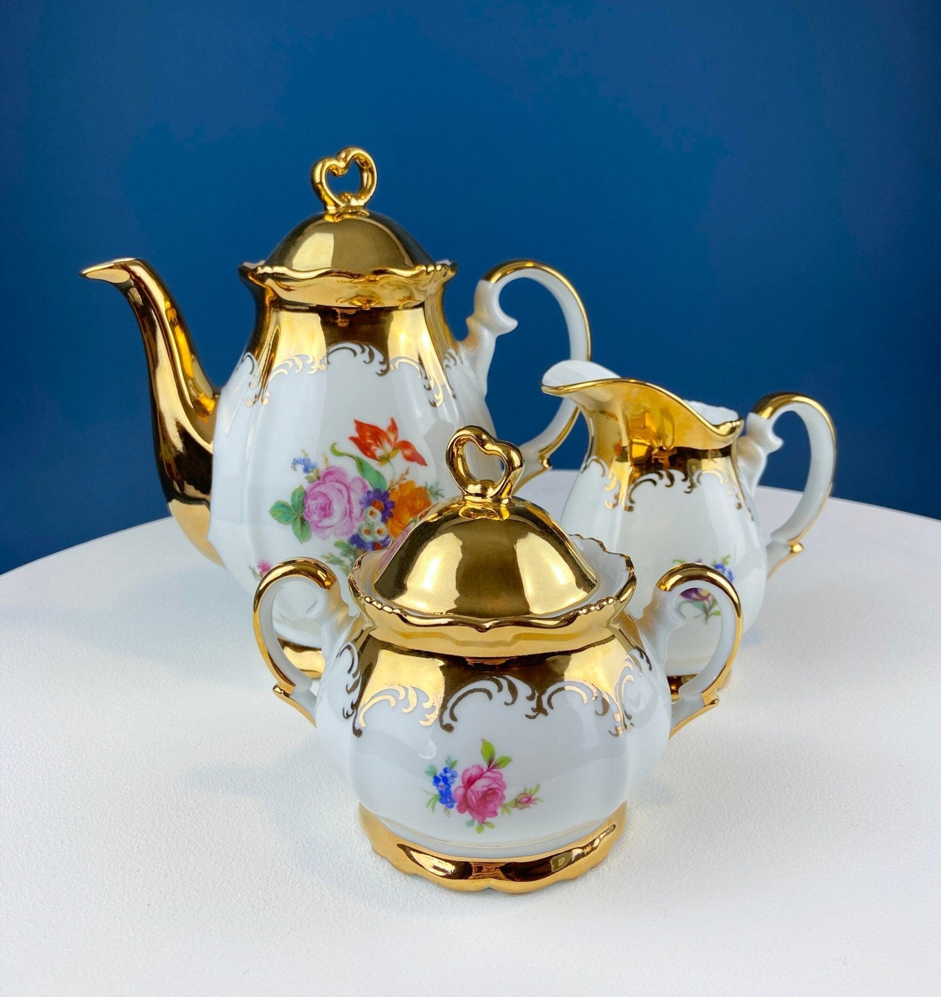 Gold Demitasse Tea Set: Prussian Hand-Painted Coffee/Tea Service for Two - Overture Gifts