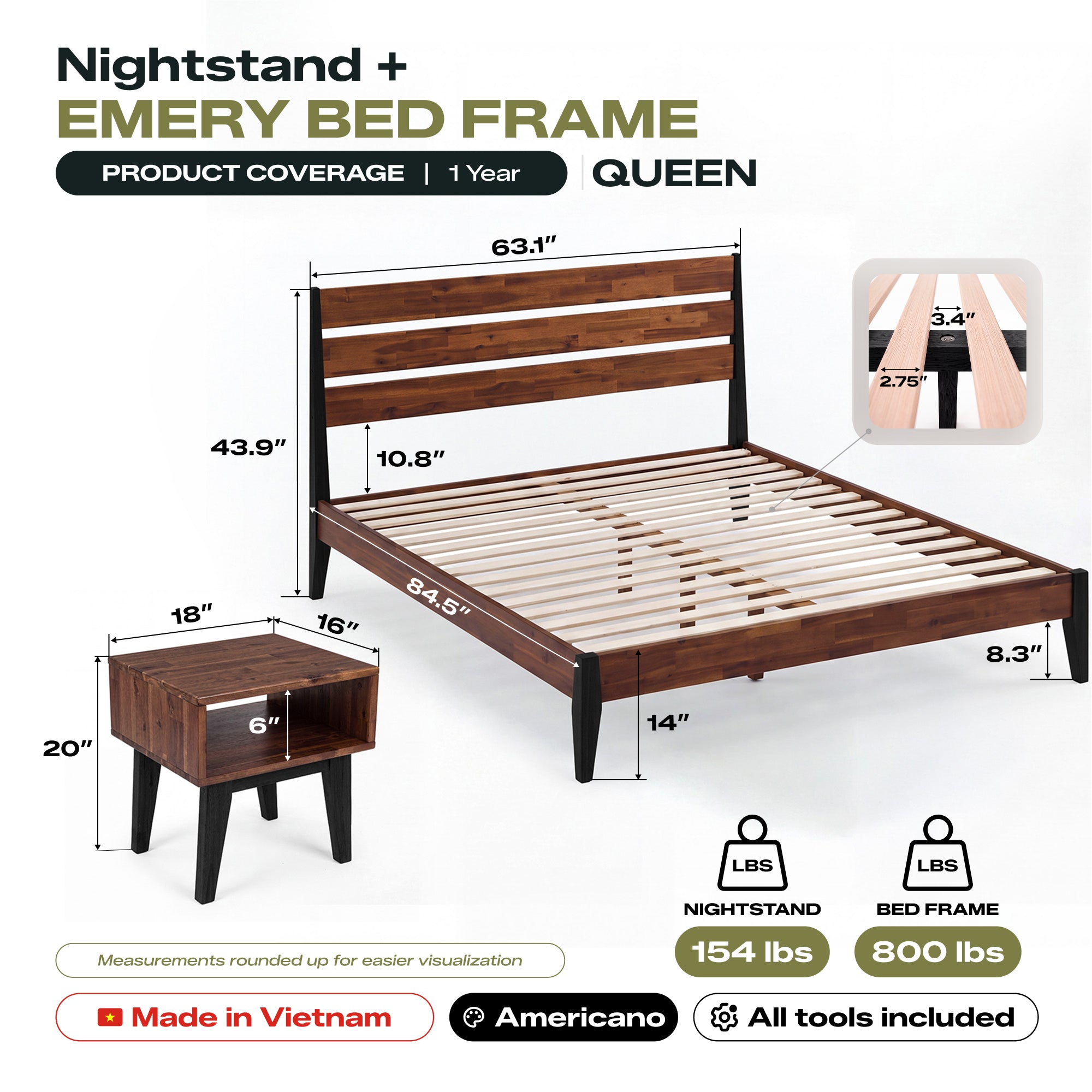 [Buy 1 Get 1] Emery Solid Wood Bed Frame & Nightstand