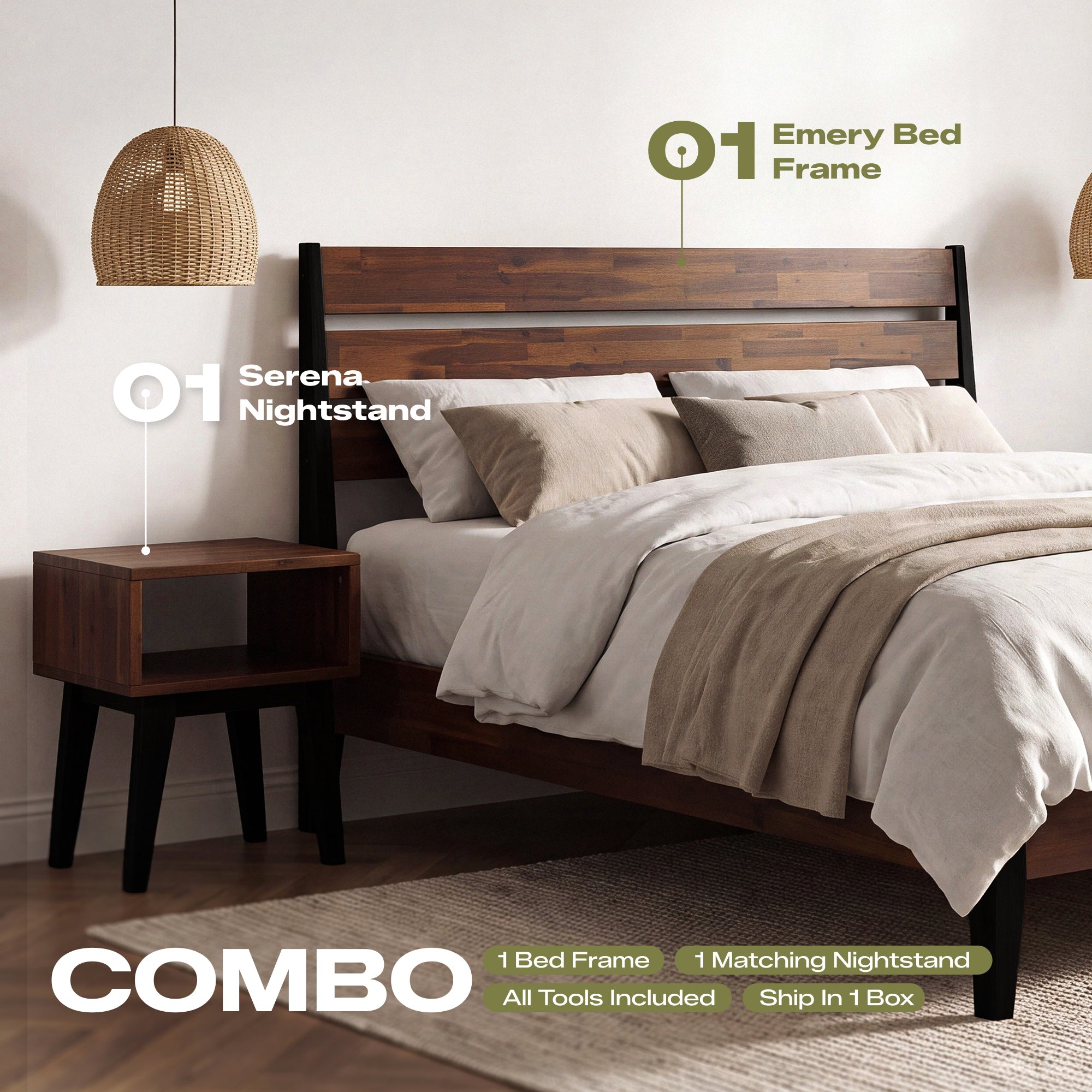 [Buy 1 Get 1] Emery Solid Wood Bed Frame & Nightstand