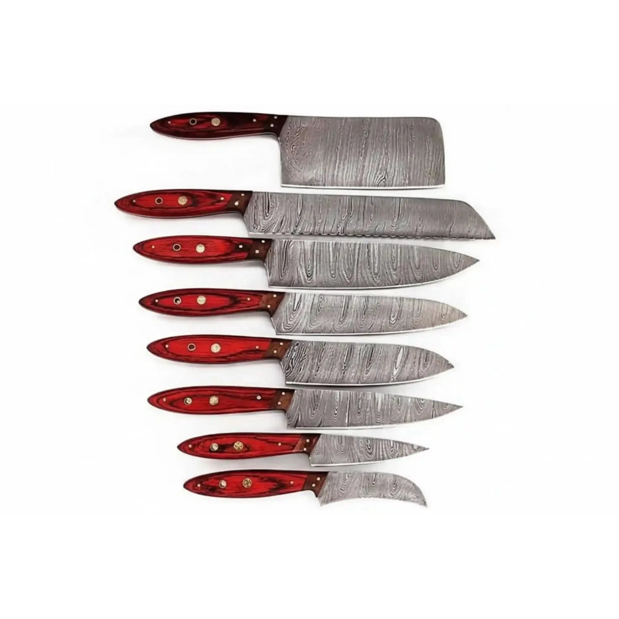 The Grand Atelier — 8-Piece Handcrafted Damascus Kitchen Knife Set | Red Pakka Wood | JW SteelCrafts