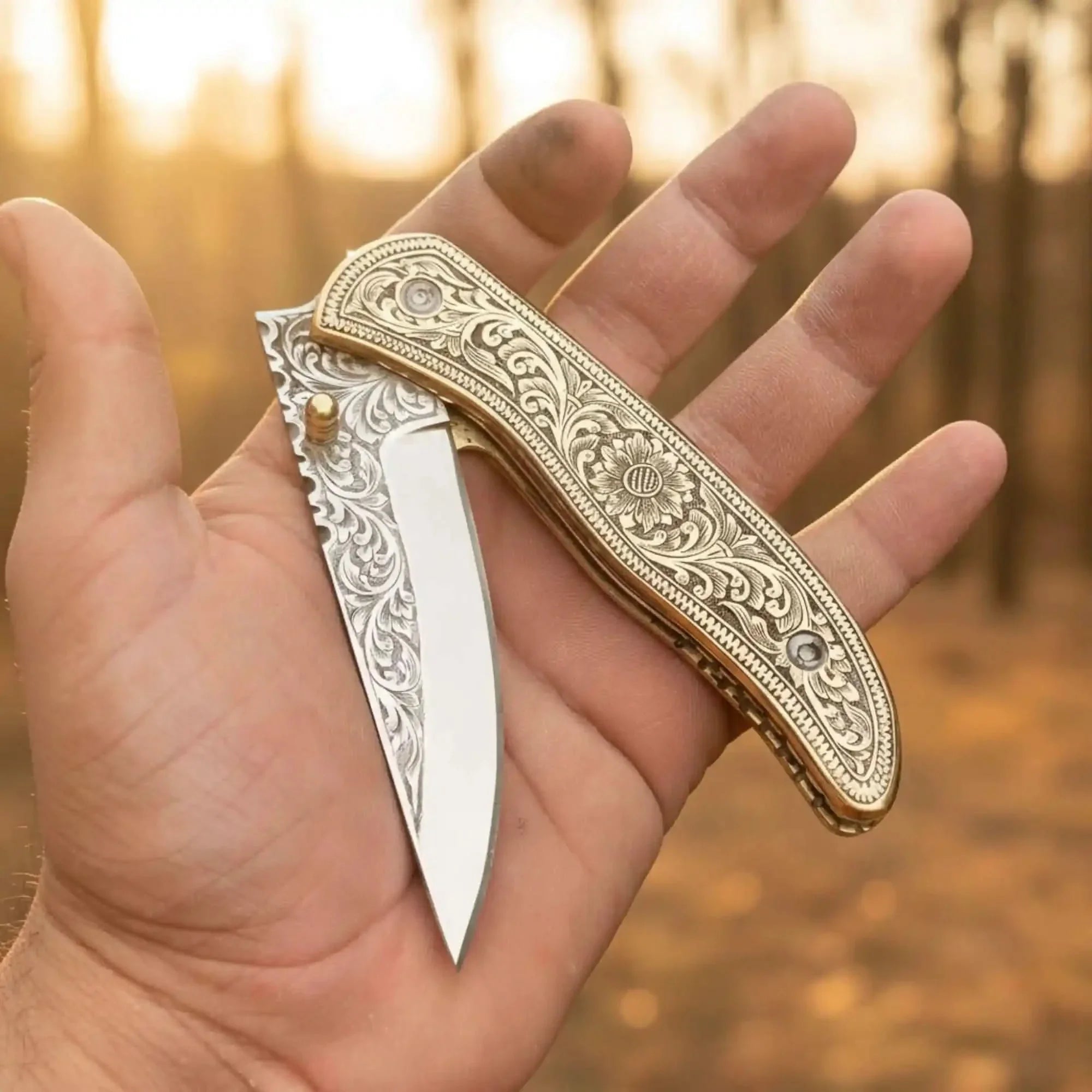 Handmade Engraved Brass Handle Folding Knife for EDC - Overture Gifts