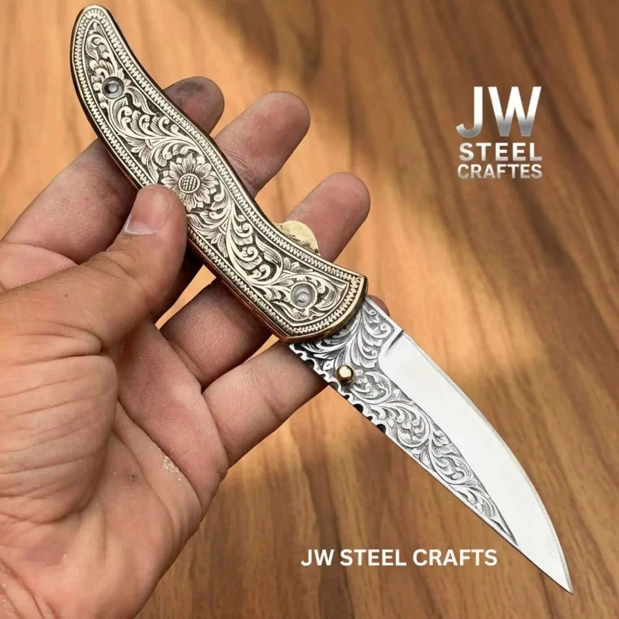 Handmade Engraved Brass Handle Folding Knife for EDC - Overture Gifts