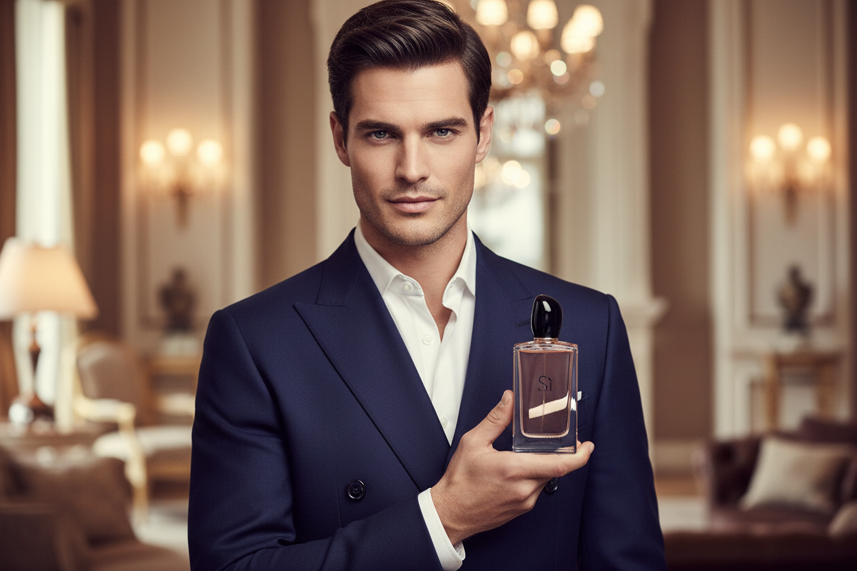 Handsome man in navy blazer holding Sì bottle