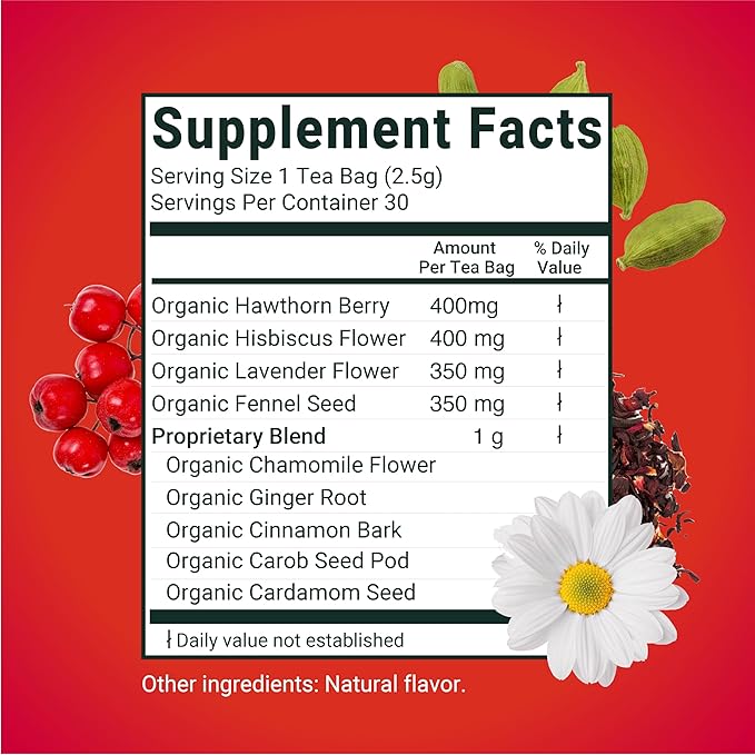 Herbaly Heart Functional Tea - 9 Superherbs - Natural, Organic, Non-GMO, Caffeine-Free, Sugar Free - 1 Pack, 30 Pyramid Tea Bags - Overture Gifts