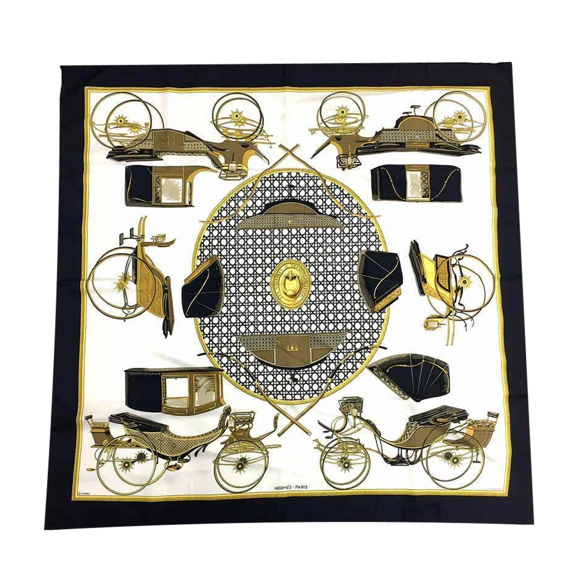 Hermès Les Voitures à Transformation Black Gold Silk Scarf