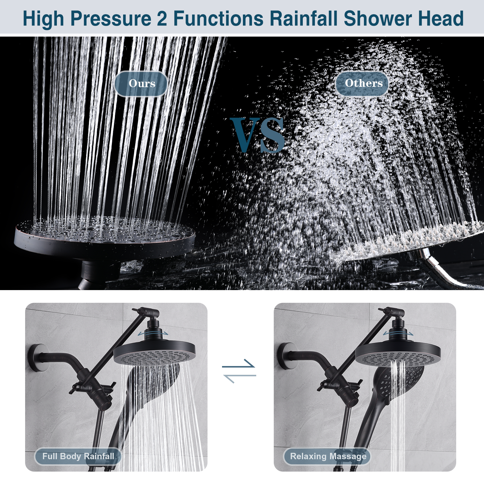 Dual Shower Head with Adjustable Extension Arm, 3-Way Diverter and Hose