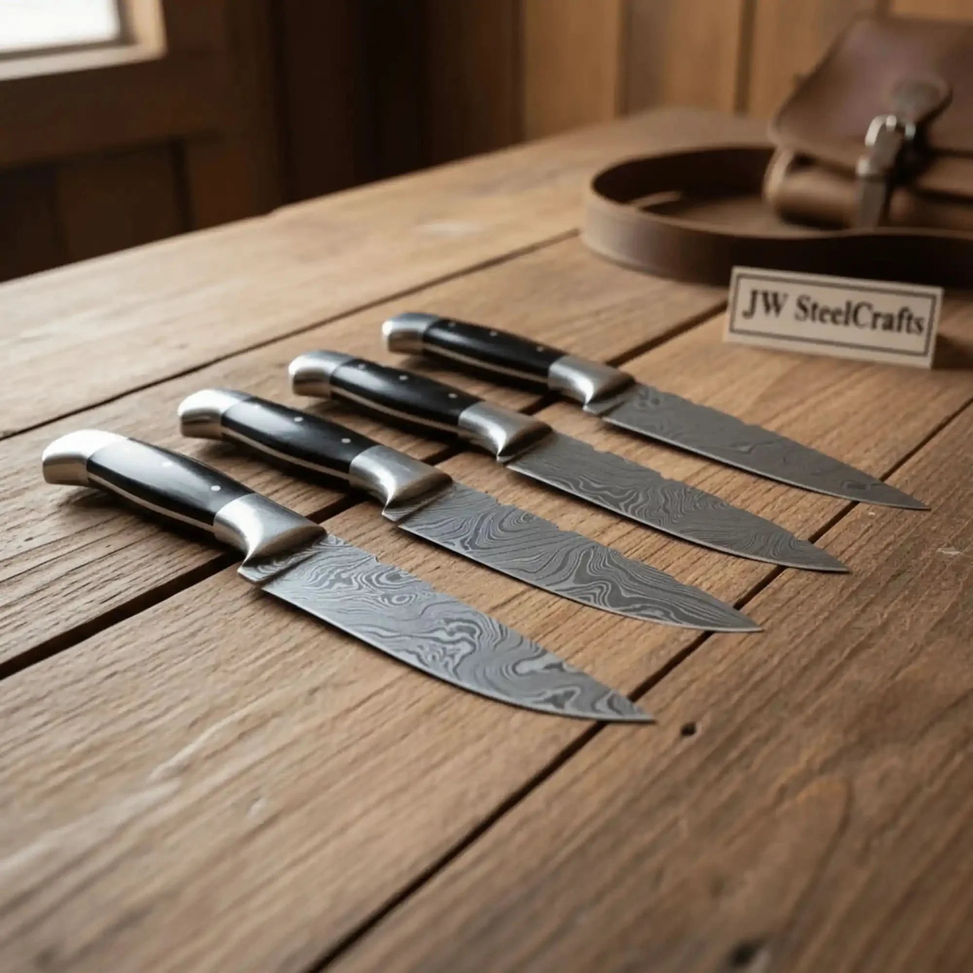 5-Piece Hunting Knife Set with Buffalo Horn Handle Ladder Damascus Blades & Black Buffalo Horn Handles